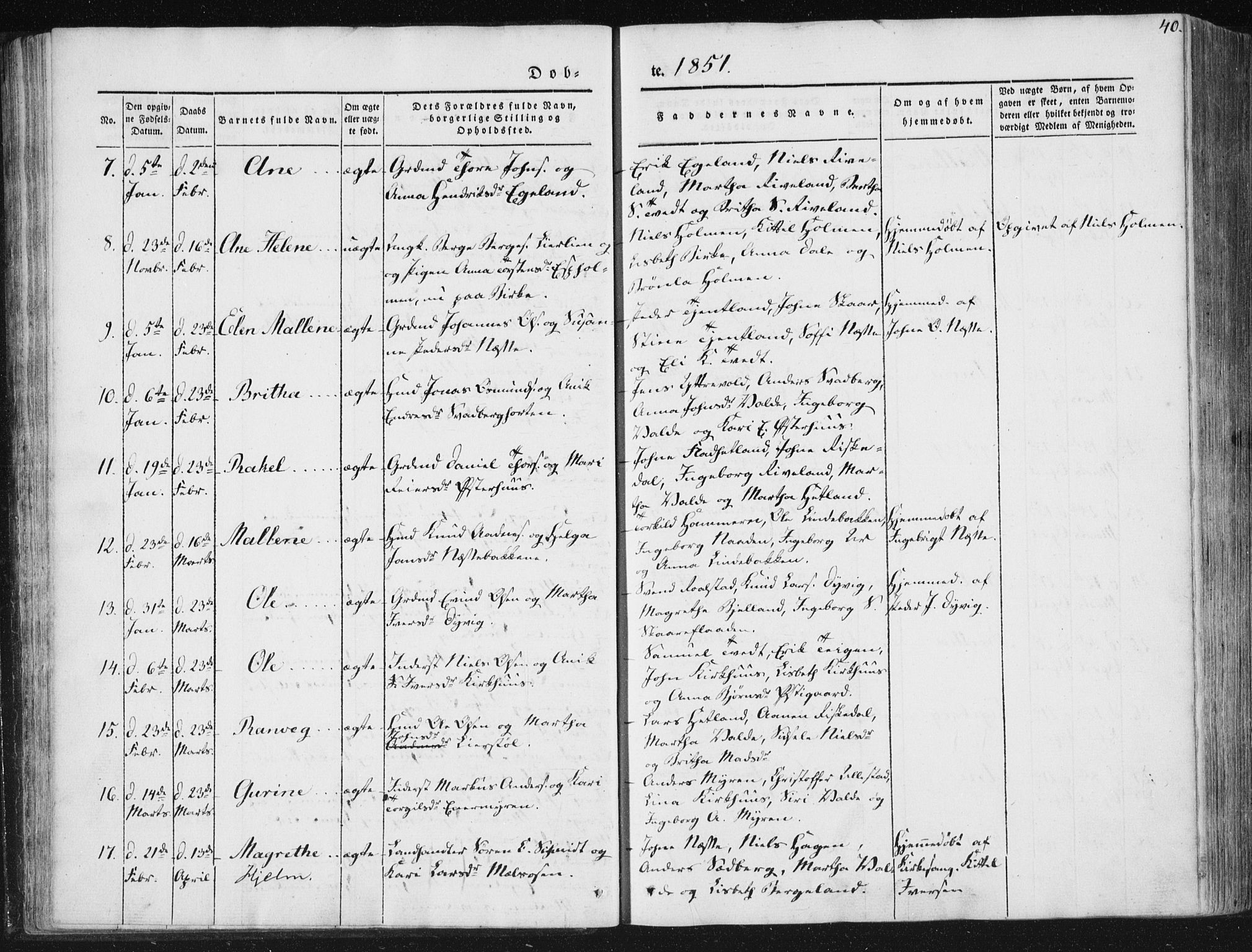 Hjelmeland sokneprestkontor, AV/SAST-A-101843/01/IV/L0008: Parish register (official) no. A 8, 1842-1861, p. 40