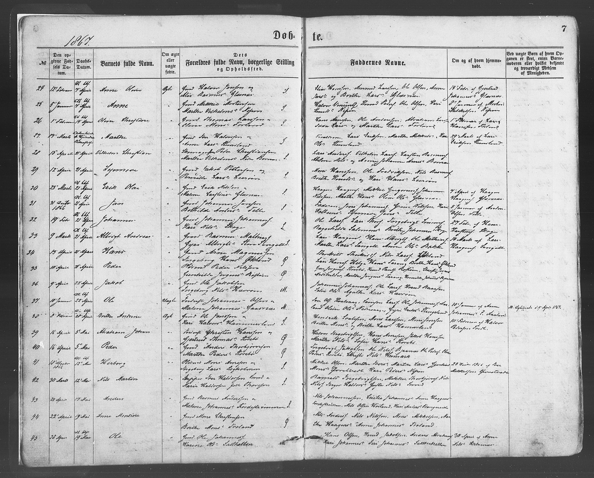Sund sokneprestembete, SAB/A-99930: Parish register (official) no. A 15, 1867-1881, p. 7