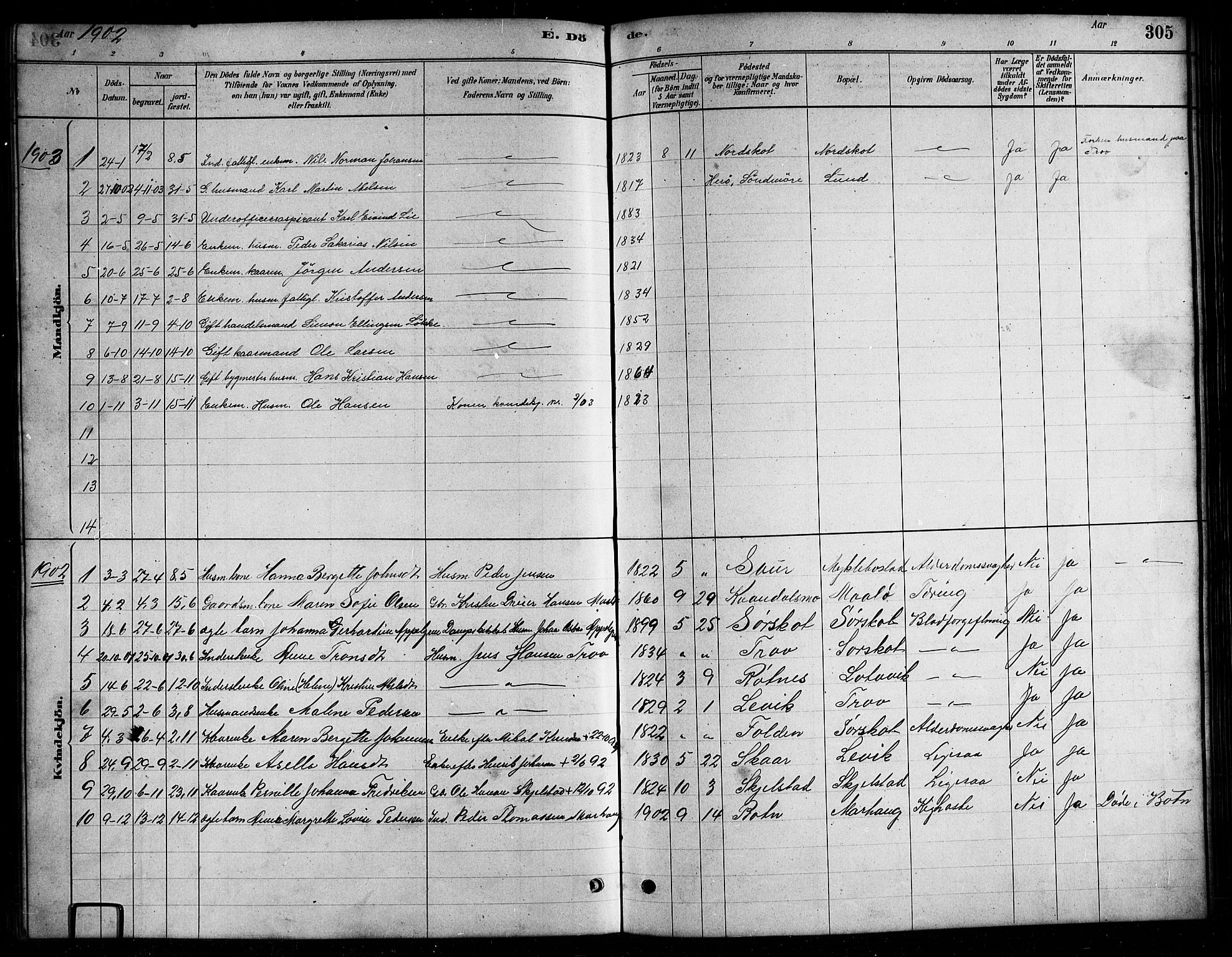 Ministerialprotokoller, klokkerbøker og fødselsregistre - Nordland, AV/SAT-A-1459/857/L0828: Parish register (copy) no. 857C03, 1879-1908, p. 305