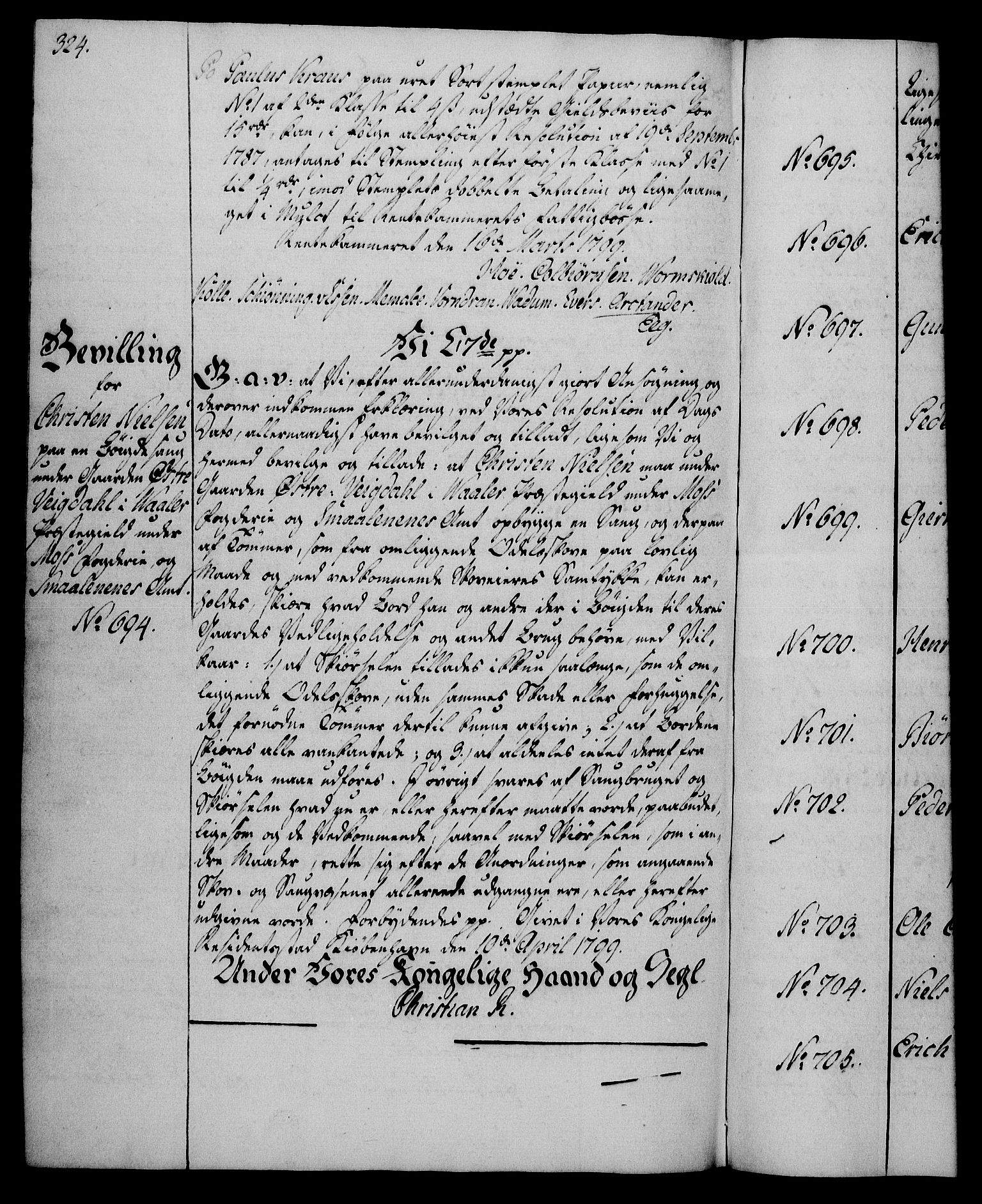 Rentekammeret, Kammerkanselliet, AV/RA-EA-3111/G/Gg/Gga/L0016: Norsk ekspedisjonsprotokoll med register (merket RK 53.16), 1794-1800, p. 324