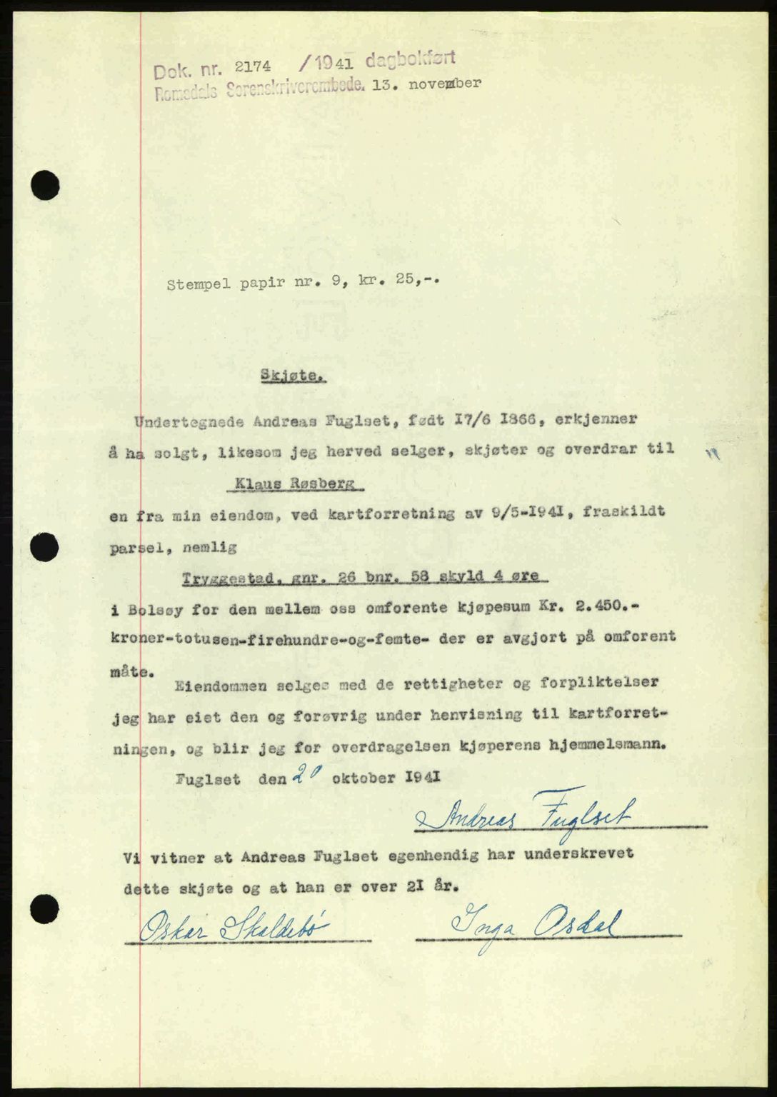 Romsdal sorenskriveri, AV/SAT-A-4149/1/2/2C: Mortgage book no. A11, 1941-1942, Diary no: : 2174/1941