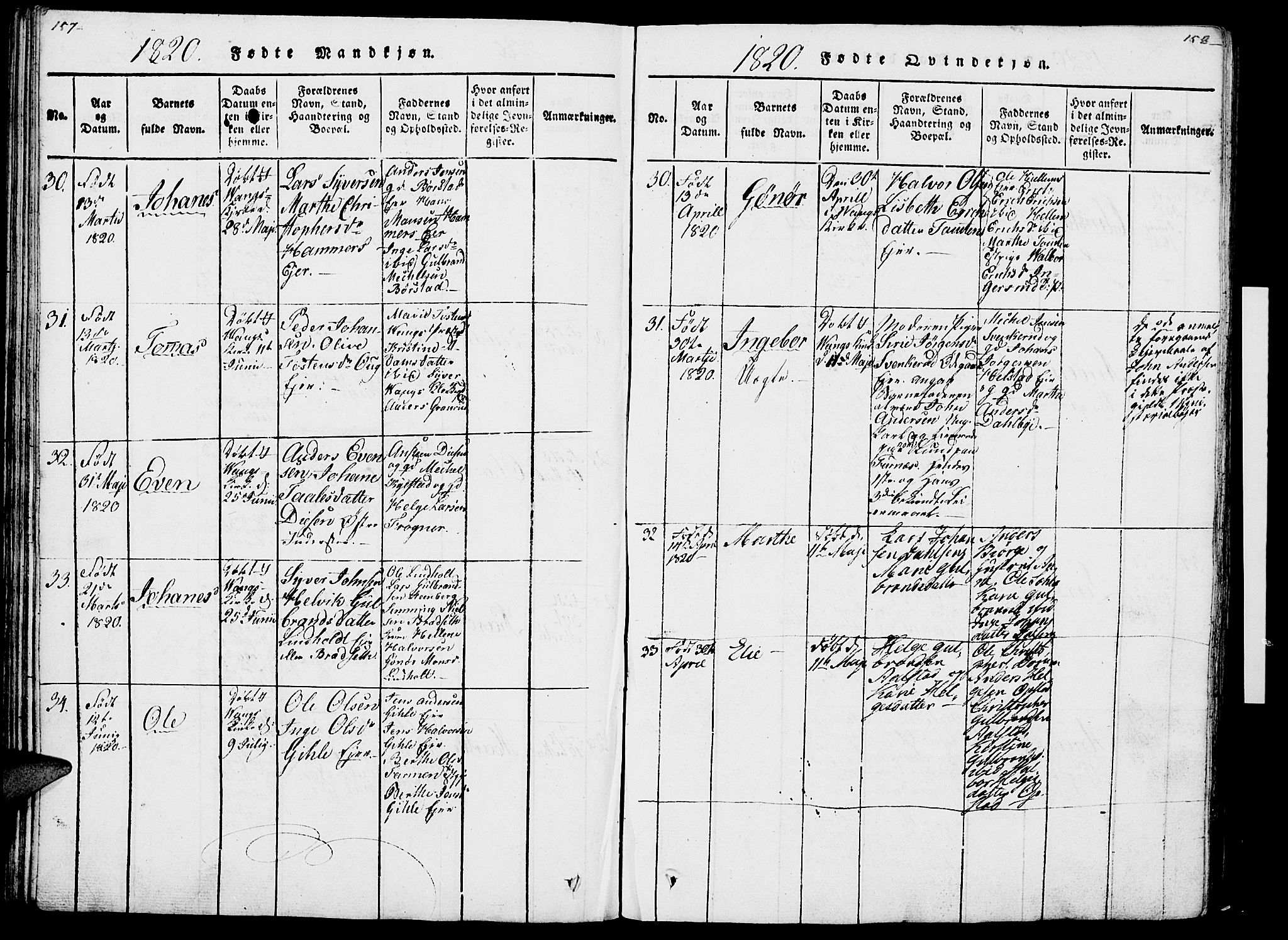 Vang prestekontor, Hedmark, AV/SAH-PREST-008/H/Ha/Haa/L0007: Parish register (official) no. 7, 1813-1826, p. 157-158