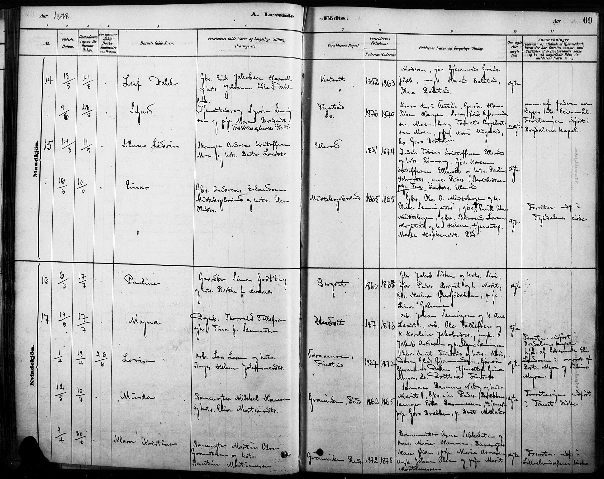 Rendalen prestekontor, AV/SAH-PREST-054/H/Ha/Haa/L0009: Parish register (official) no. 9, 1878-1901, p. 69