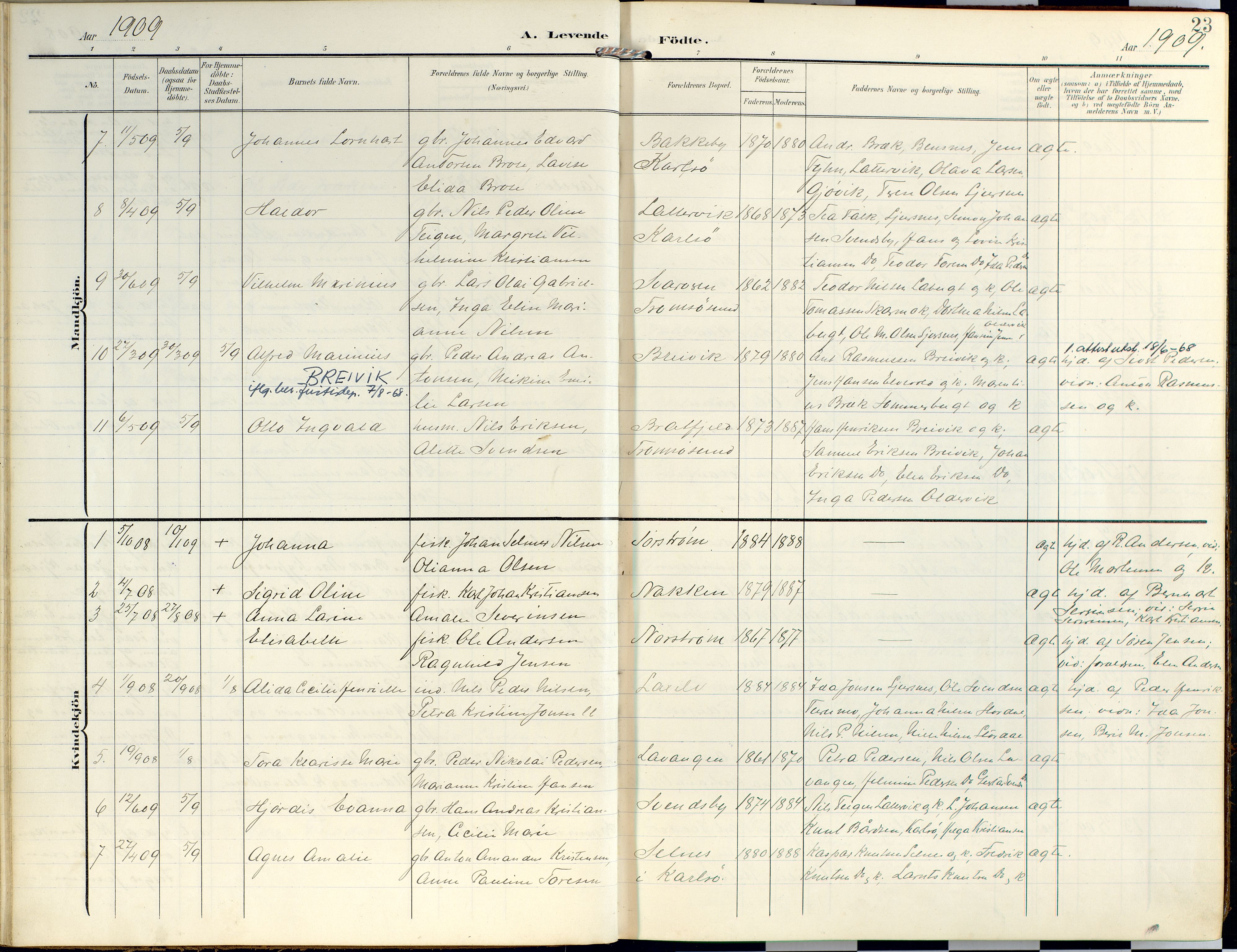 Lyngen sokneprestembete, SATØ/S-1289/H/He/Hea/L0014kirke: Parish register (official) no. 14, 1905-1920, p. 23