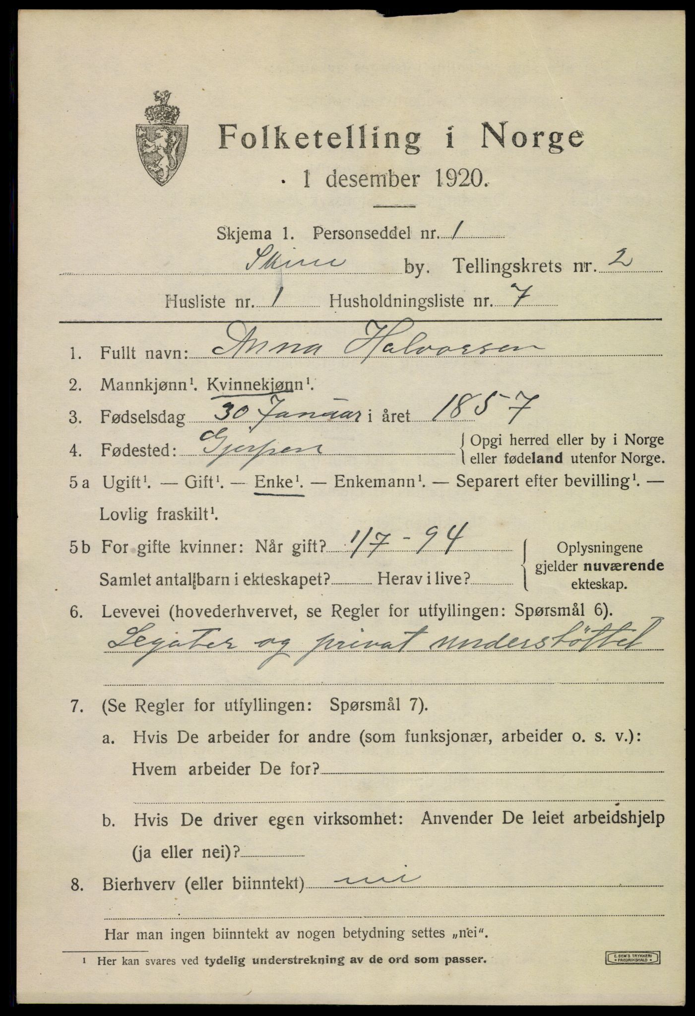 SAKO, 1920 census for Skien, 1920, p. 13542
