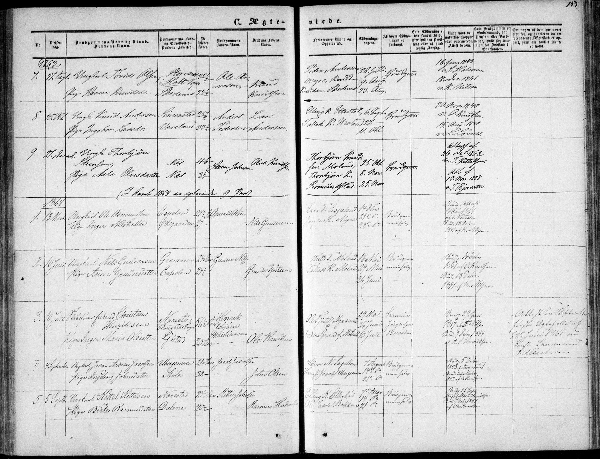 Gjerstad sokneprestkontor, AV/SAK-1111-0014/F/Fa/Fab/L0003: Parish register (official) no. A 3, 1853-1878, p. 153