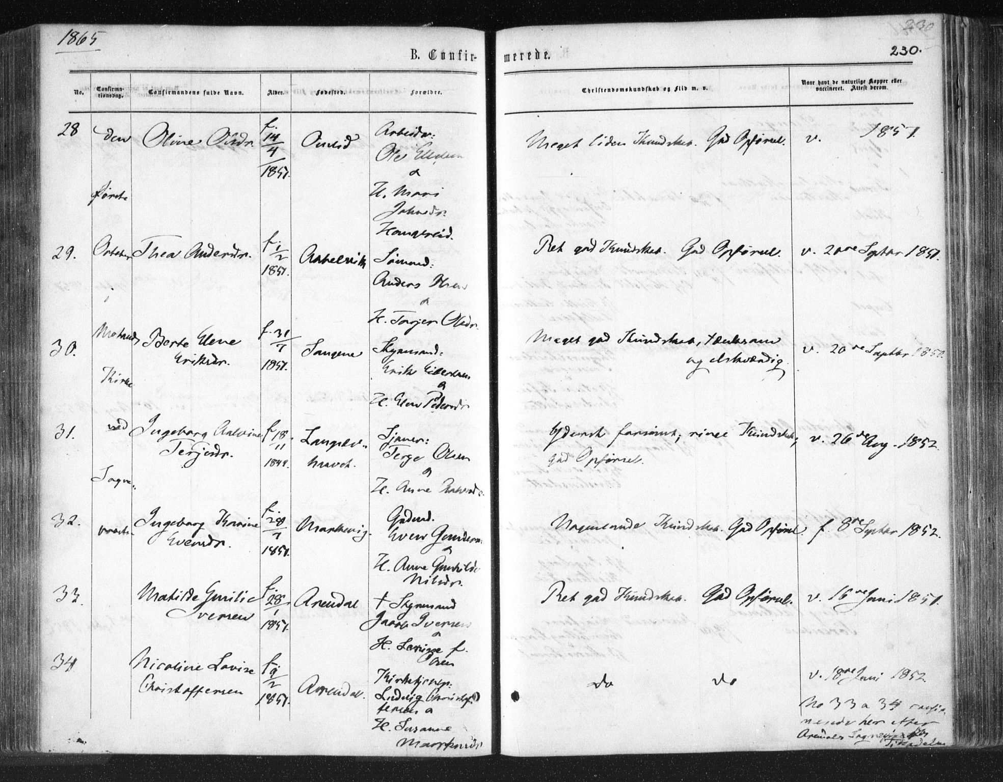 Tromøy sokneprestkontor, SAK/1111-0041/F/Fa/L0007: Parish register (official) no. A 7, 1864-1869, p. 230