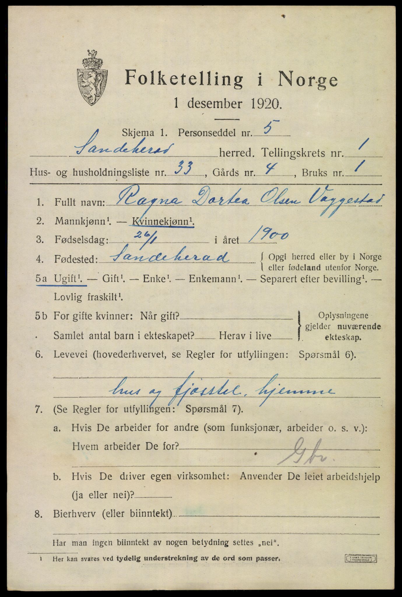 SAKO, 1920 census for Sandeherred, 1920, p. 4110