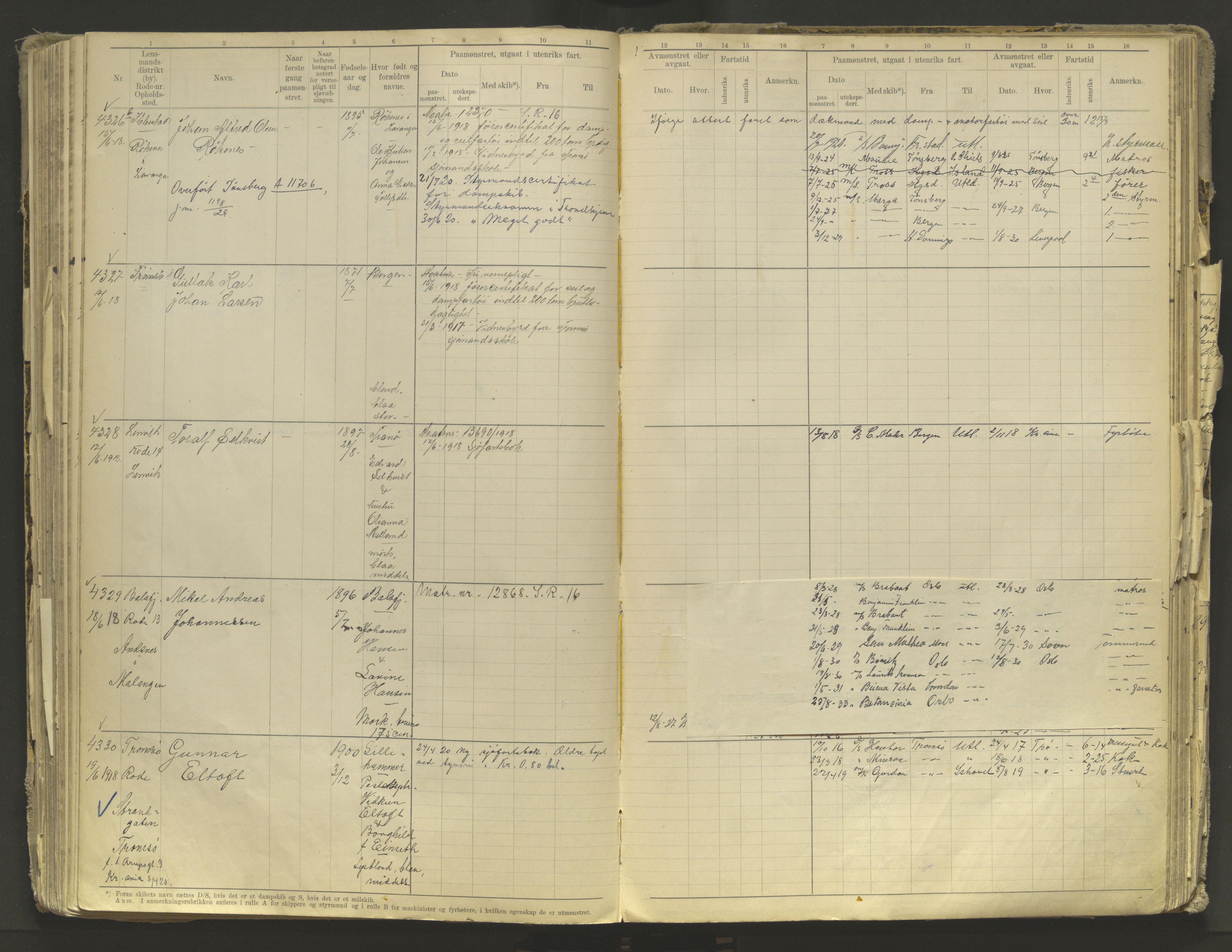 Tromsø sjømannskontor/innrullerings-/mønstringsdistrikt, AV/SATØ-S-0243/F/Fb/L0010: Annotasjonsrulle. Defekt: løs innbinding. Nr. 3519-4972, 1916-1920