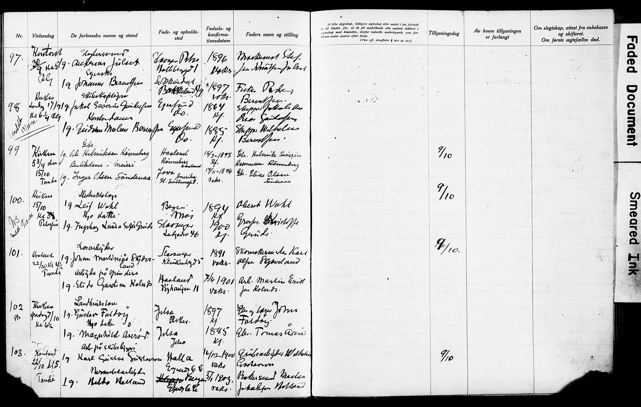 Domkirken sokneprestkontor, SAST/A-101812/001/70/705BA/L0006: Banns register no. 6, 1914-1924