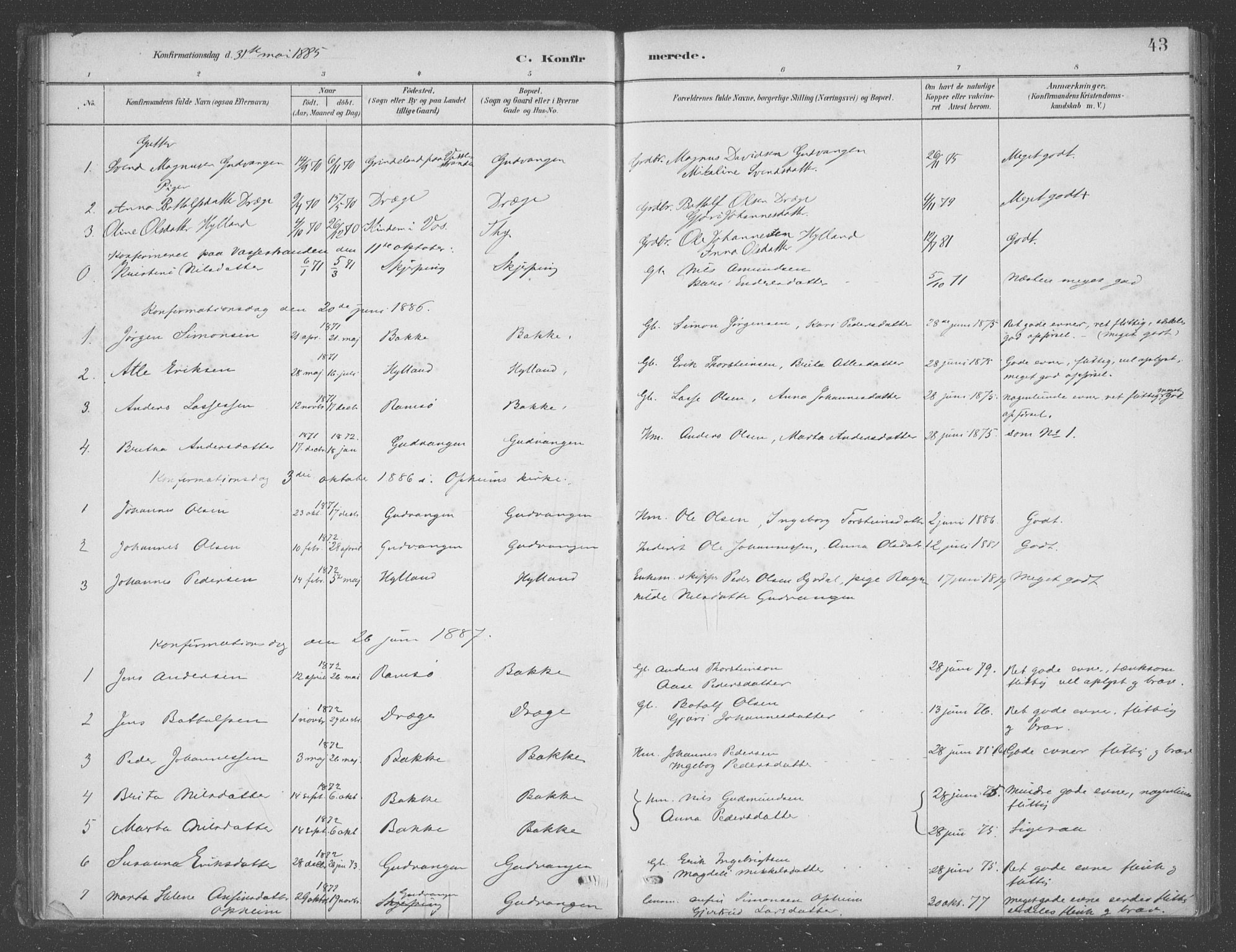 Aurland sokneprestembete, SAB/A-99937/H/Ha/Had/L0001: Parish register (official) no. D  1, 1880-1903, p. 43
