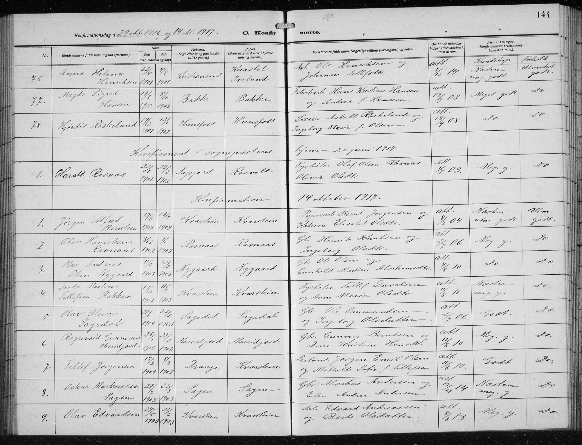 Vennesla sokneprestkontor, AV/SAK-1111-0045/Fb/Fbb/L0006: Parish register (copy) no. B 6, 1914-1921, p. 144