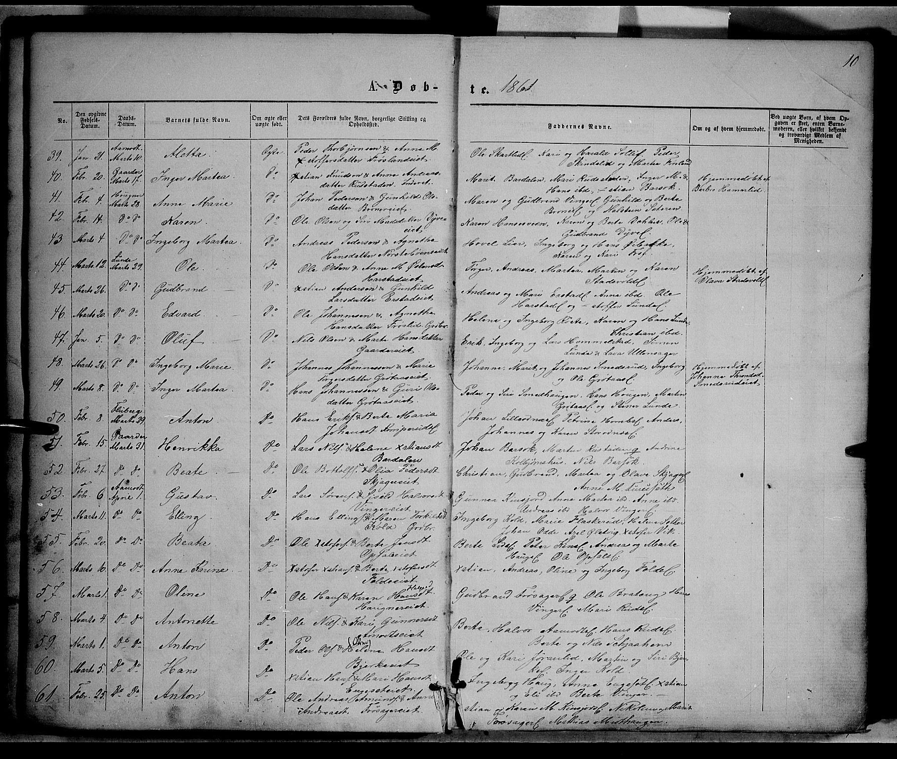 Nordre Land prestekontor, SAH/PREST-124/H/Ha/Haa/L0001: Parish register (official) no. 1, 1860-1871, p. 10