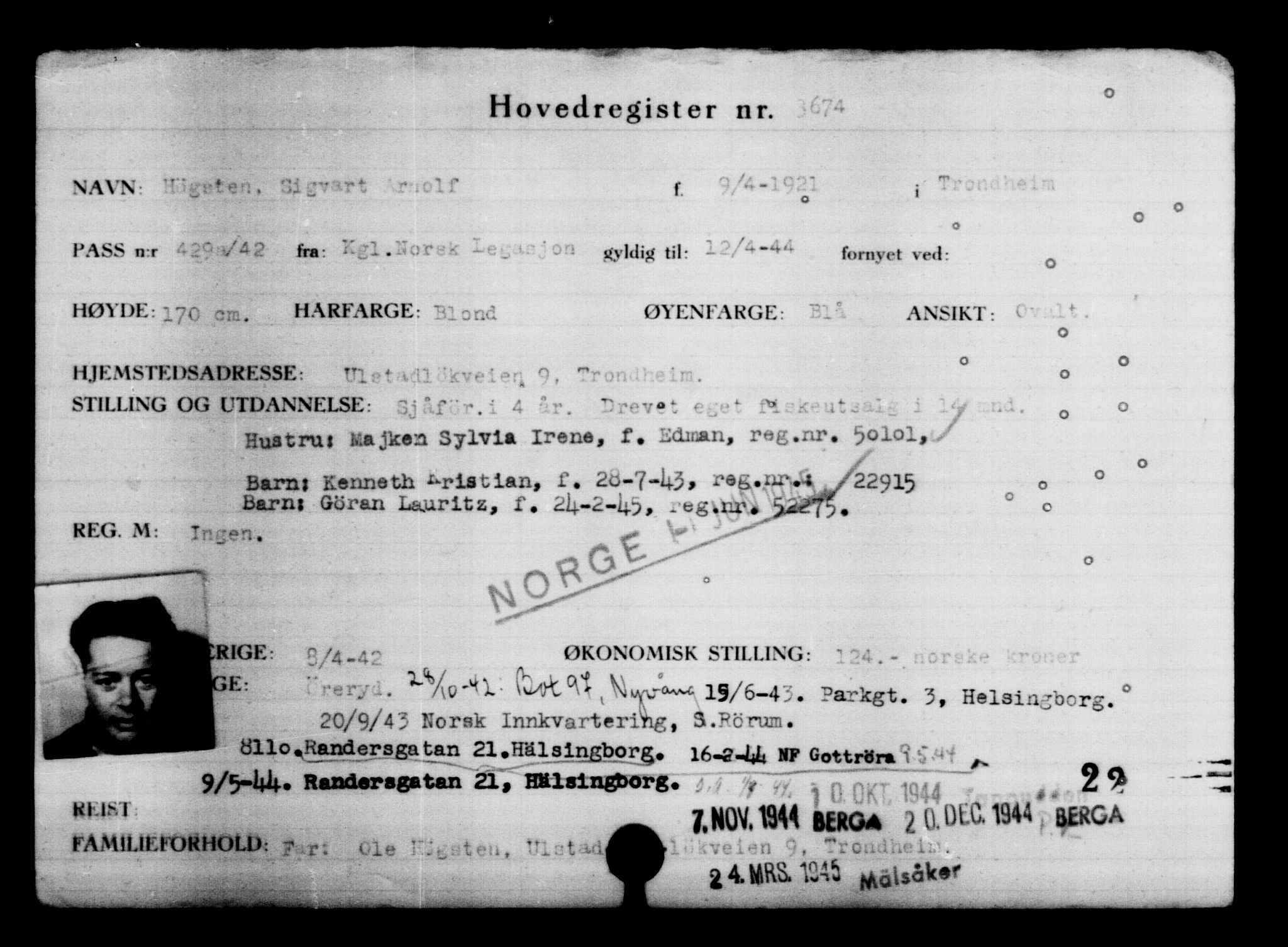Utenriksstasjonene, Legasjonen i Stockholm, Flyktningkontoret, AV/RA-S-6753/V/Va/L0004: Kjesäterkartoteket, flyktninger med registreringsnr. 3496-6610, 1940-1945, p. 204