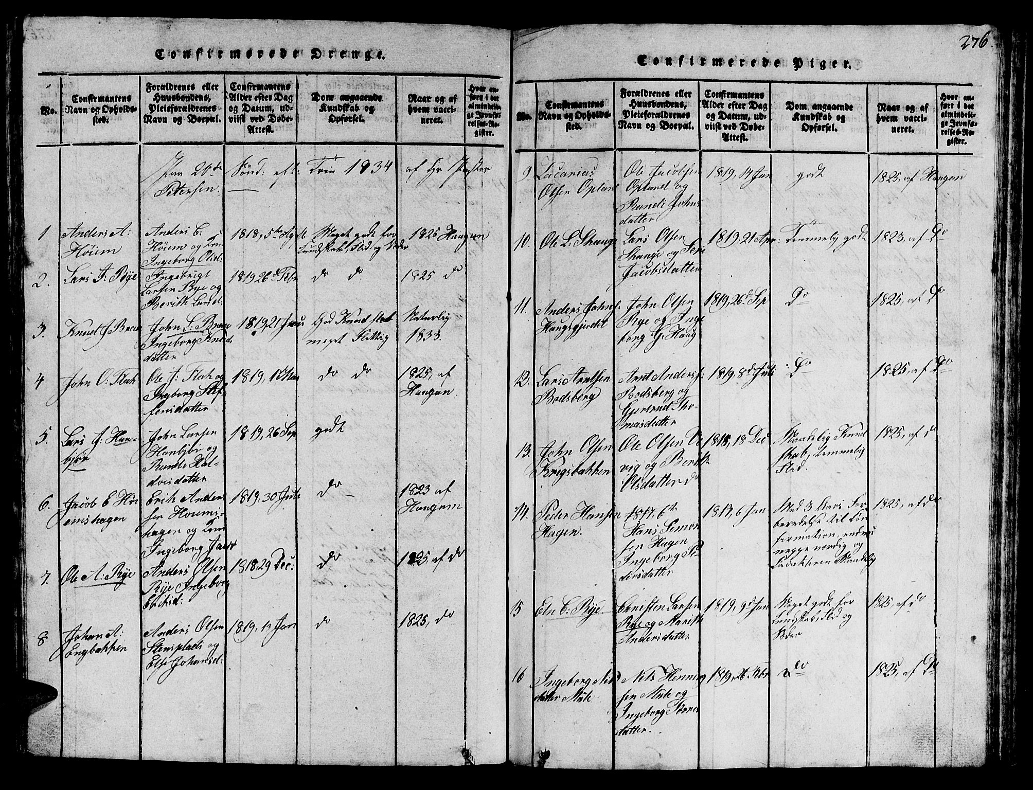 Ministerialprotokoller, klokkerbøker og fødselsregistre - Sør-Trøndelag, SAT/A-1456/612/L0385: Parish register (copy) no. 612C01, 1816-1845, p. 276