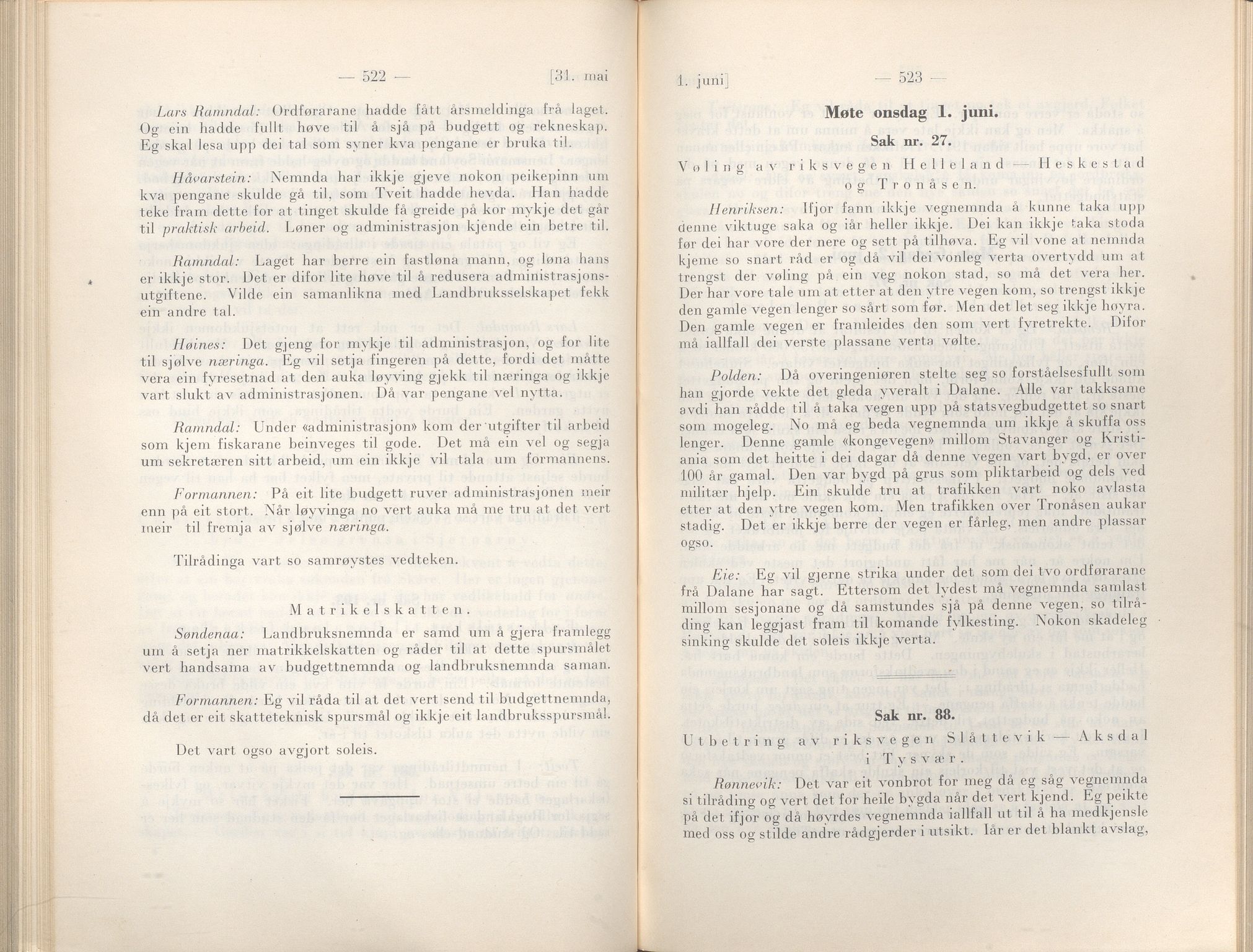 Rogaland fylkeskommune - Fylkesrådmannen , IKAR/A-900/A/Aa/Aaa/L0057: Møtebok , 1938, p. 522-523