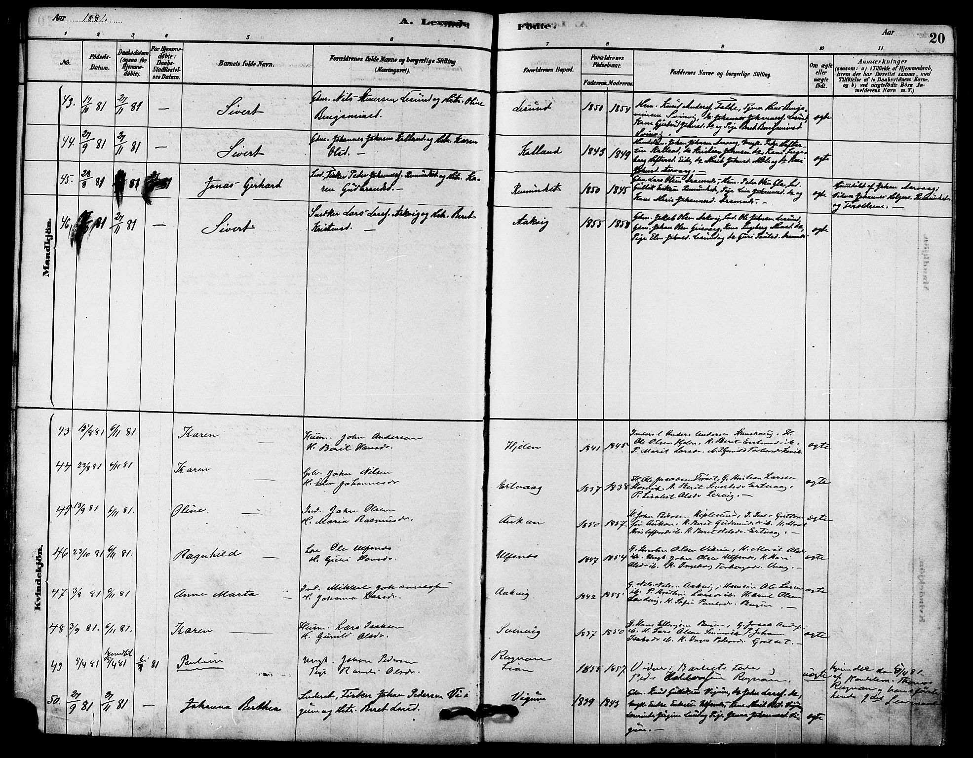 Ministerialprotokoller, klokkerbøker og fødselsregistre - Møre og Romsdal, AV/SAT-A-1454/578/L0906: Parish register (official) no. 578A05, 1878-1886, p. 20