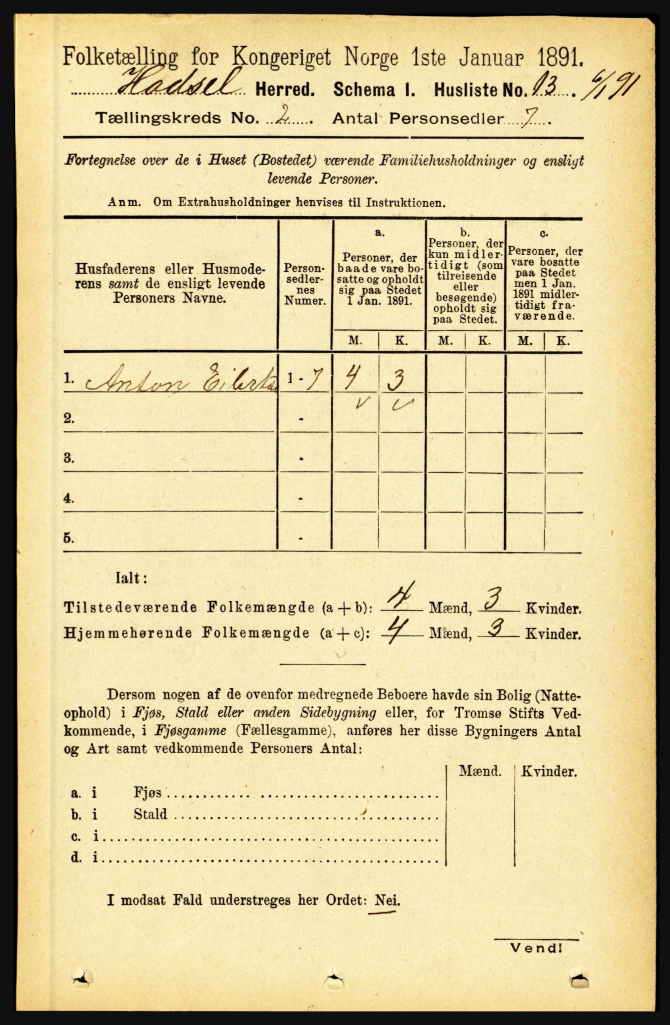 RA, 1891 census for 1866 Hadsel, 1891, p. 607