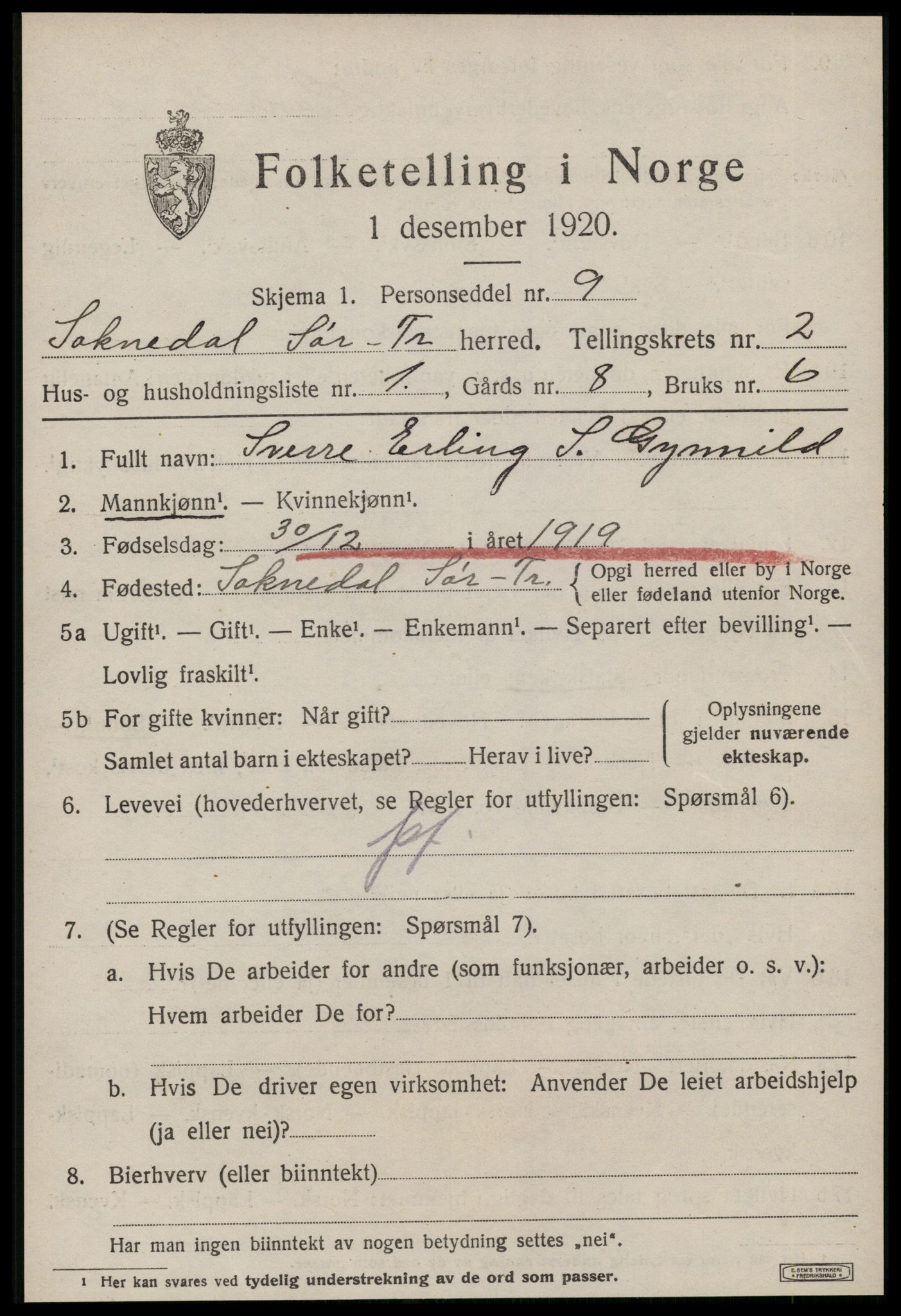 SAT, 1920 census for Soknedal, 1920, p. 1228