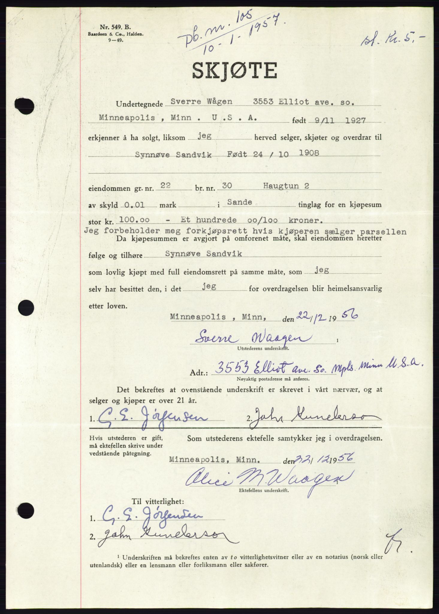 Søre Sunnmøre sorenskriveri, AV/SAT-A-4122/1/2/2C/L0105: Mortgage book no. 31A, 1956-1957, Diary no: : 105/1957