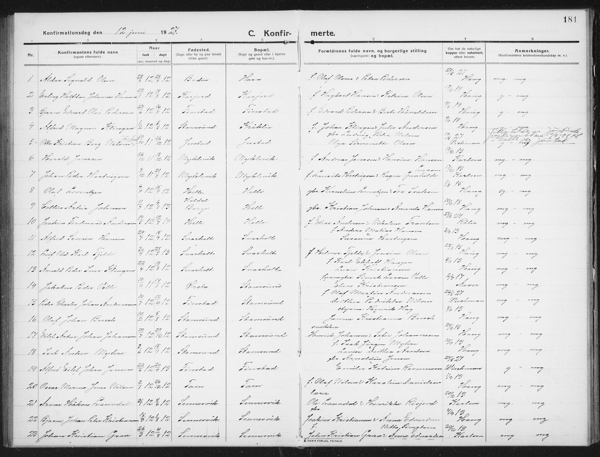 Ministerialprotokoller, klokkerbøker og fødselsregistre - Nordland, SAT/A-1459/882/L1183: Parish register (copy) no. 882C01, 1911-1938, p. 181