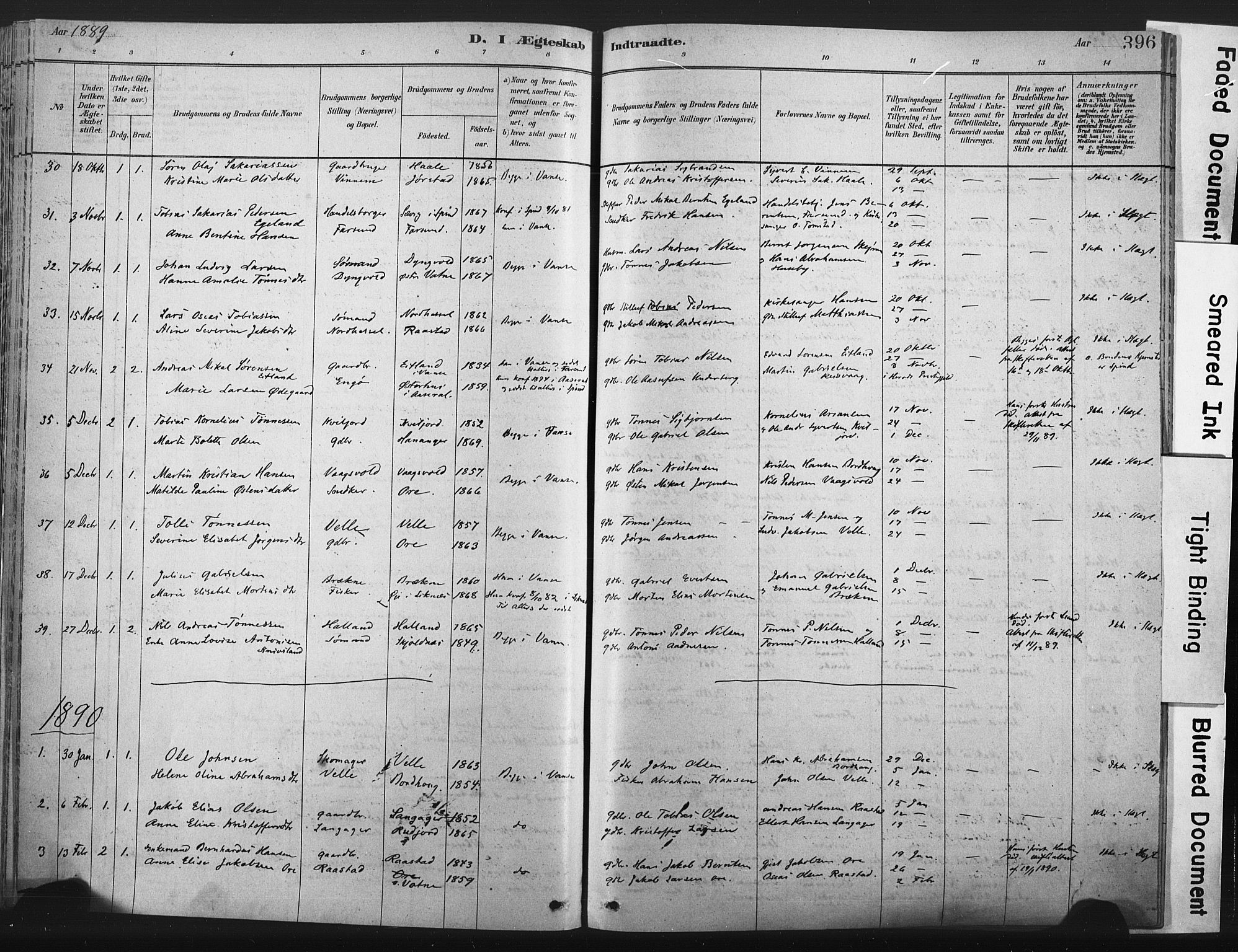 Lista sokneprestkontor, AV/SAK-1111-0027/F/Fa/L0012: Parish register (official) no. A 12, 1879-1903, p. 396