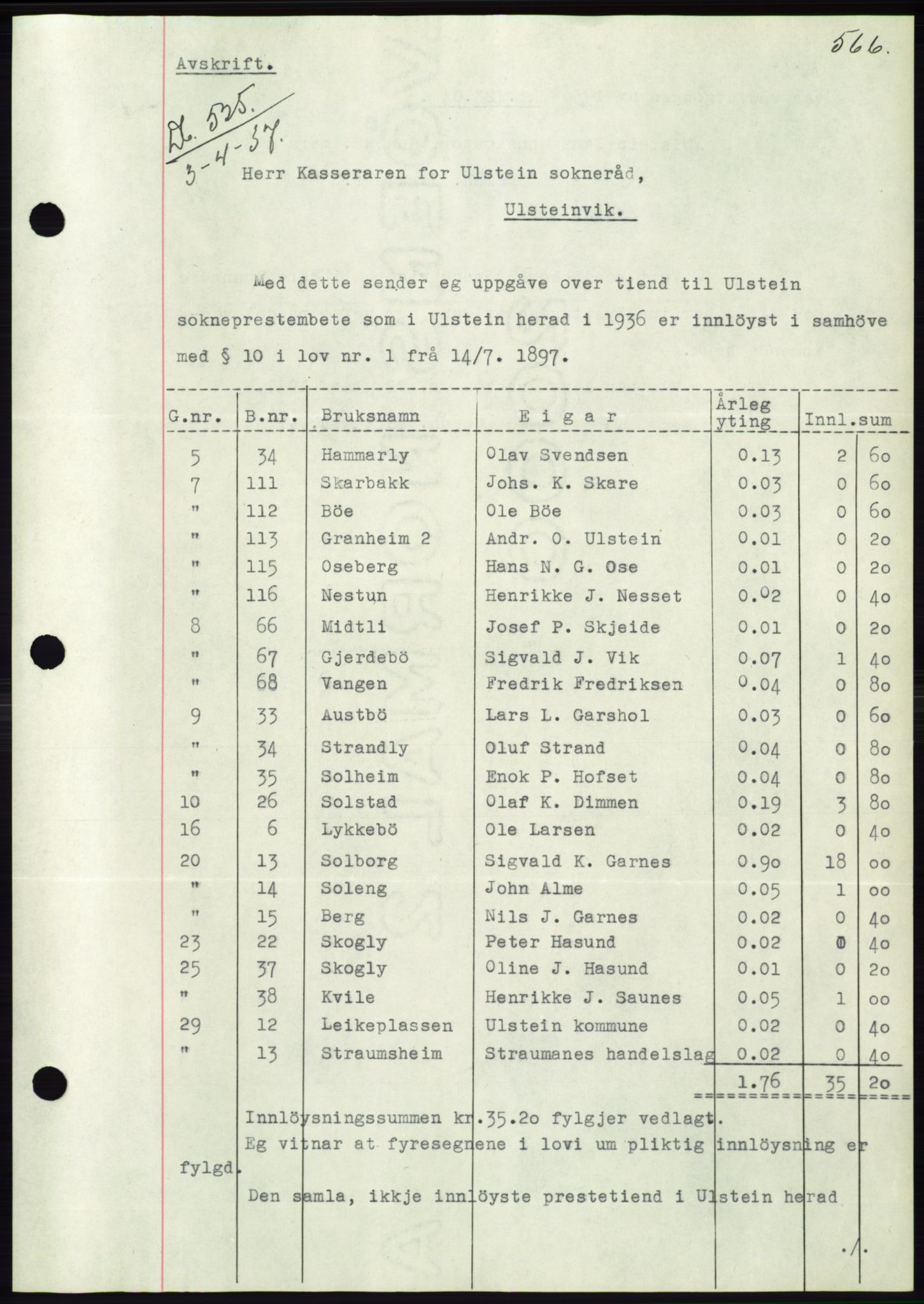 Søre Sunnmøre sorenskriveri, AV/SAT-A-4122/1/2/2C/L0062: Mortgage book no. 56, 1936-1937, Diary no: : 525/1937