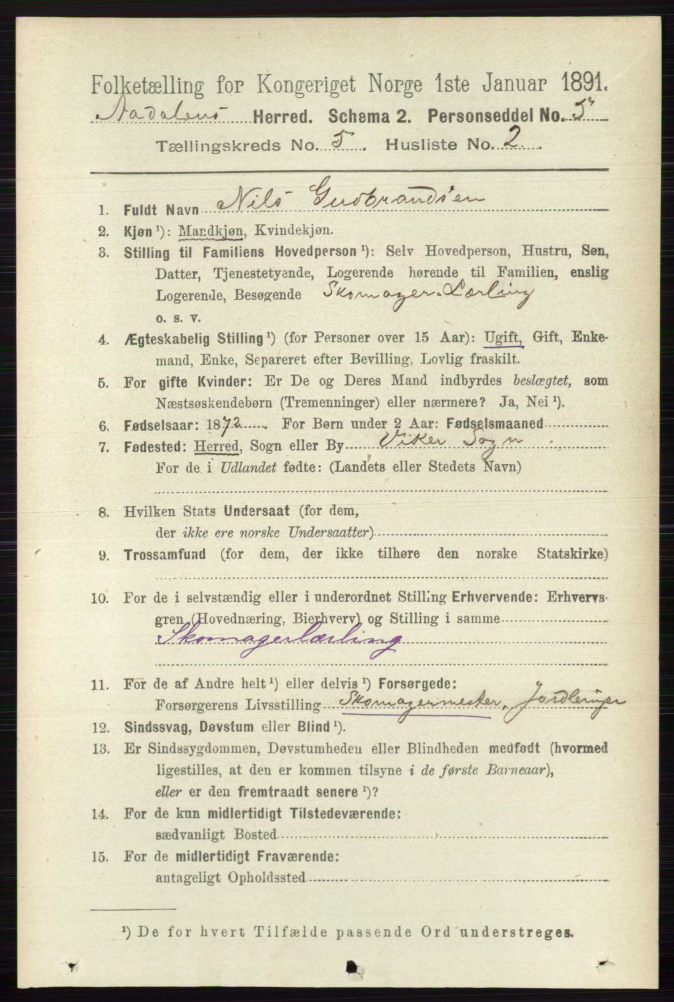 RA, 1891 census for 0614 Ådal, 1891, p. 2023