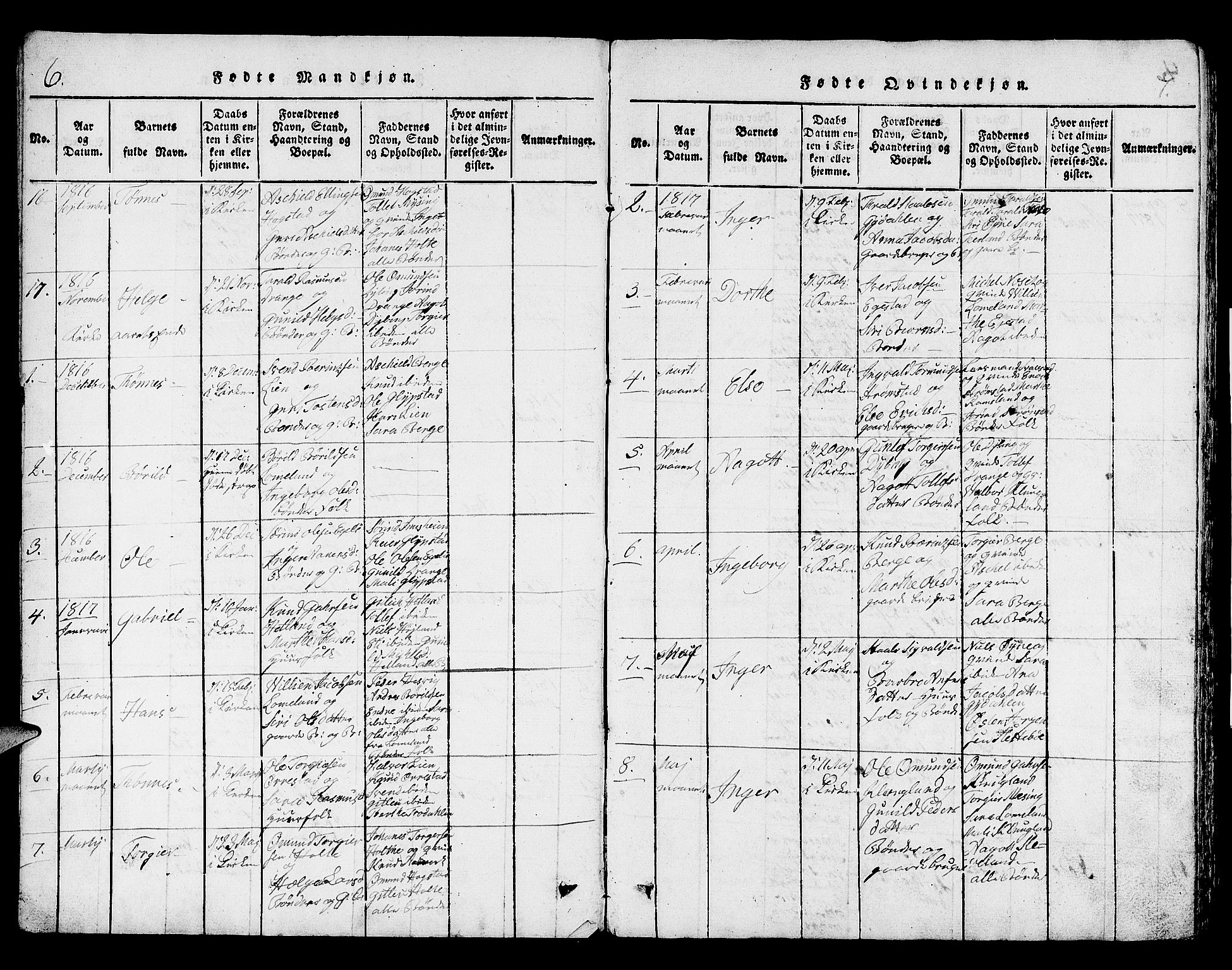 Helleland sokneprestkontor, AV/SAST-A-101810: Parish register (copy) no. B 1, 1815-1841, p. 6-7