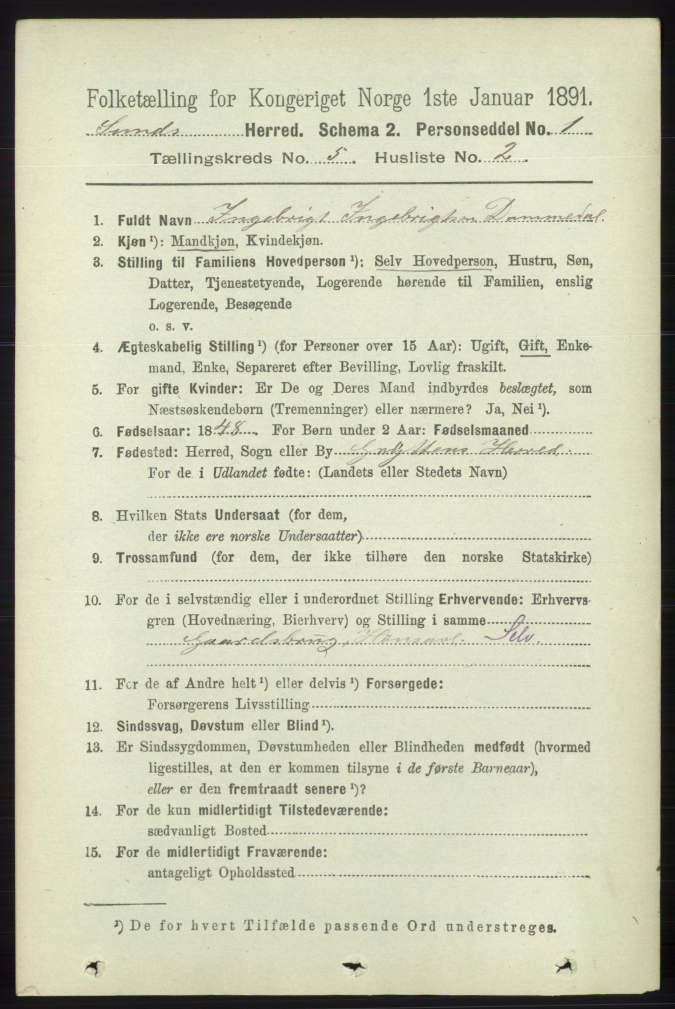 RA, 1891 census for 1245 Sund, 1891, p. 2375