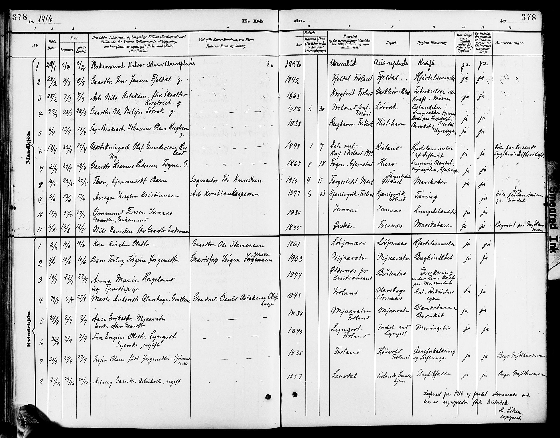 Froland sokneprestkontor, AV/SAK-1111-0013/F/Fb/L0010: Parish register (copy) no. B 10, 1893-1920, p. 378