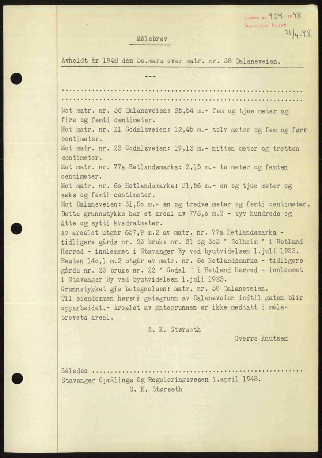 Stavanger byrett, SAST/A-100455/002/G/Gb/L0022: Mortgage book no. A11, 1947-1948, Diary no: : 924/1948