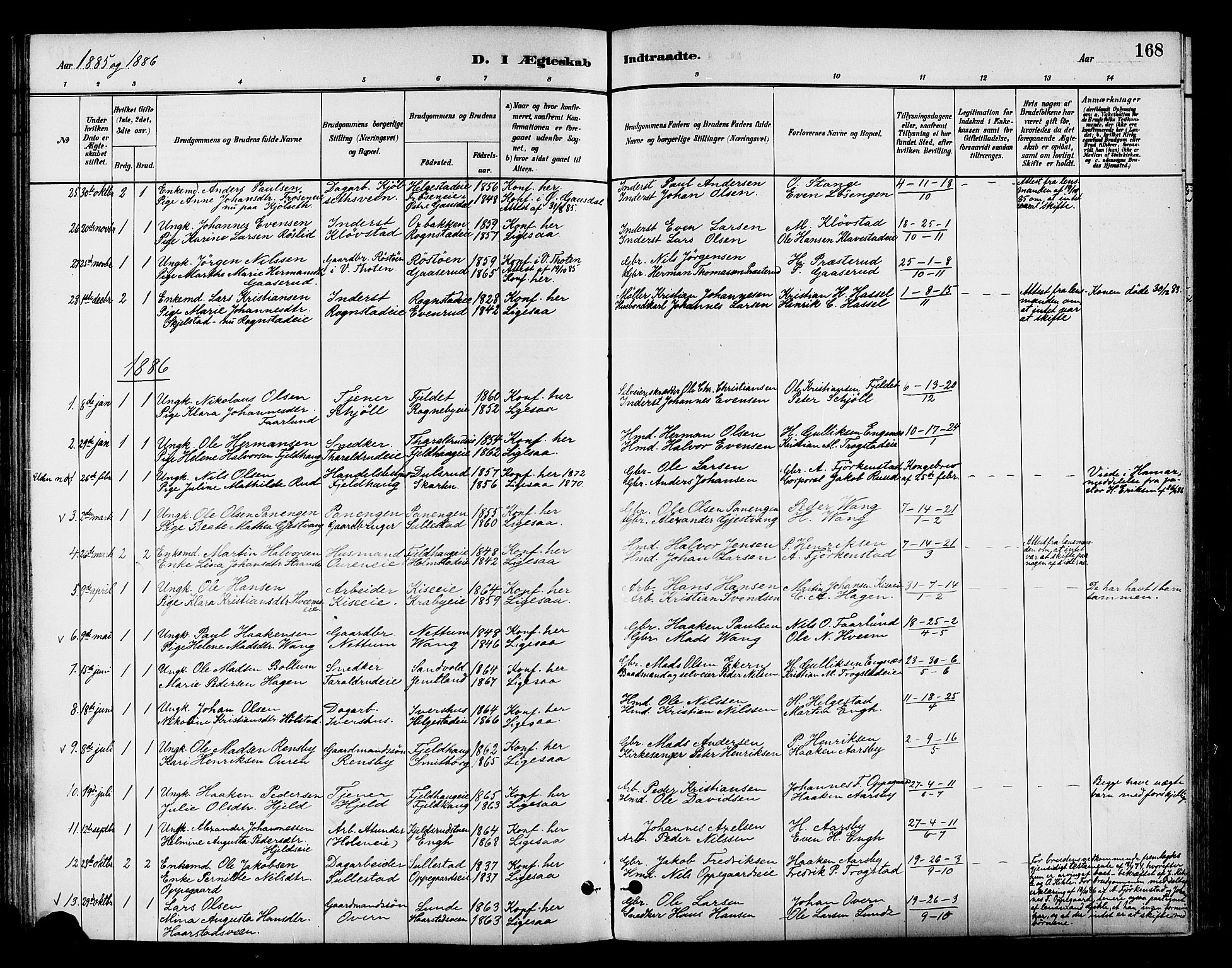 Østre Toten prestekontor, AV/SAH-PREST-104/H/Ha/Haa/L0007: Parish register (official) no. 7, 1881-1896, p. 168