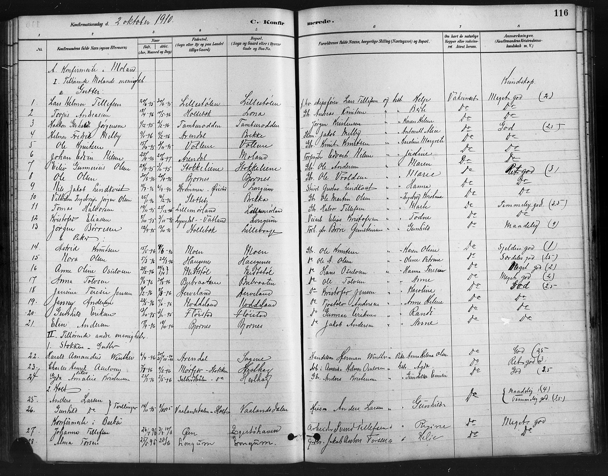 Austre Moland sokneprestkontor, SAK/1111-0001/F/Fb/Fba/L0003: Parish register (copy) no. B 3, 1879-1914, p. 116