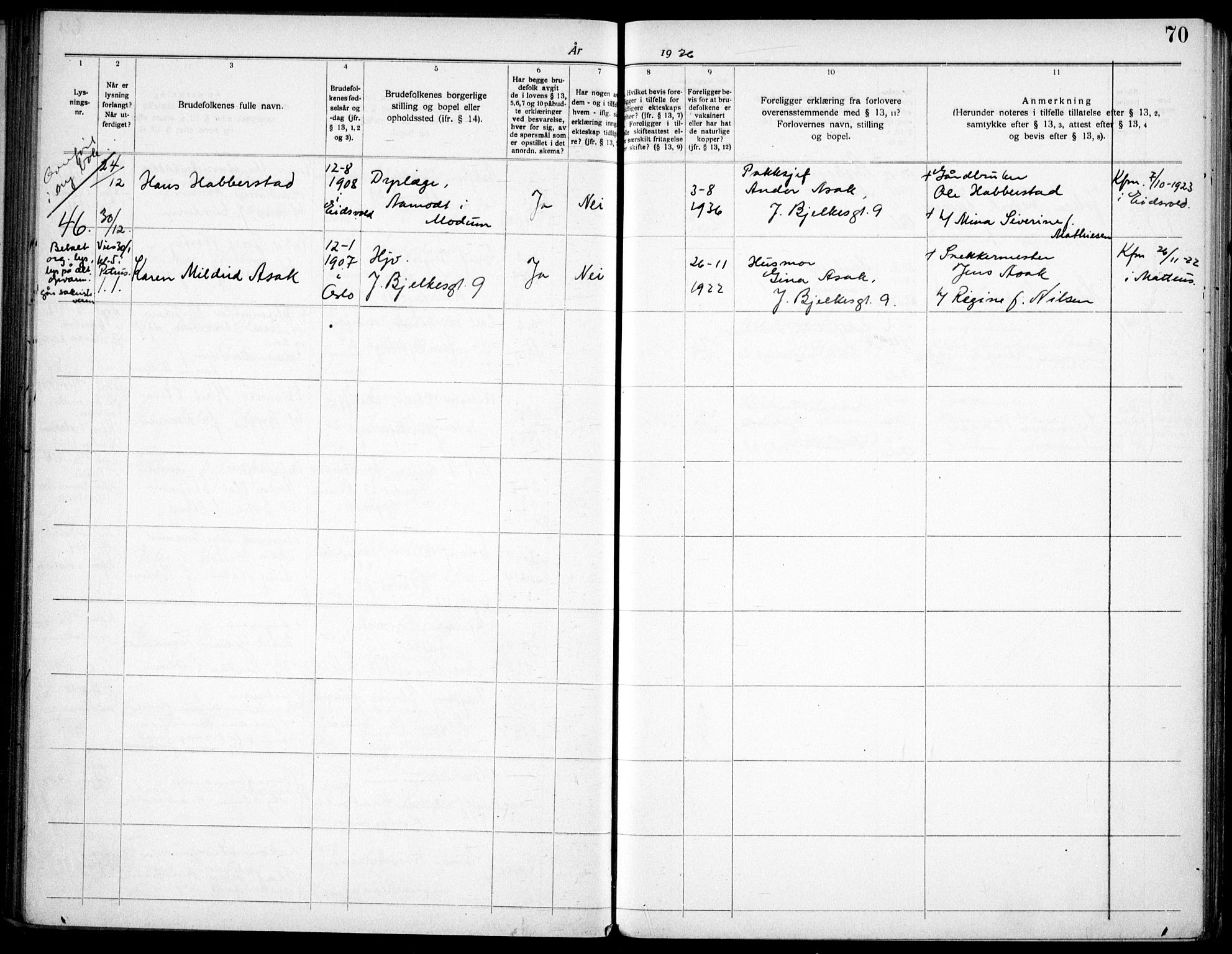 Matteus prestekontor Kirkebøker, SAO/A-10870/H/Ha/L0001: Banns register no. 1, 1919-1937, p. 70