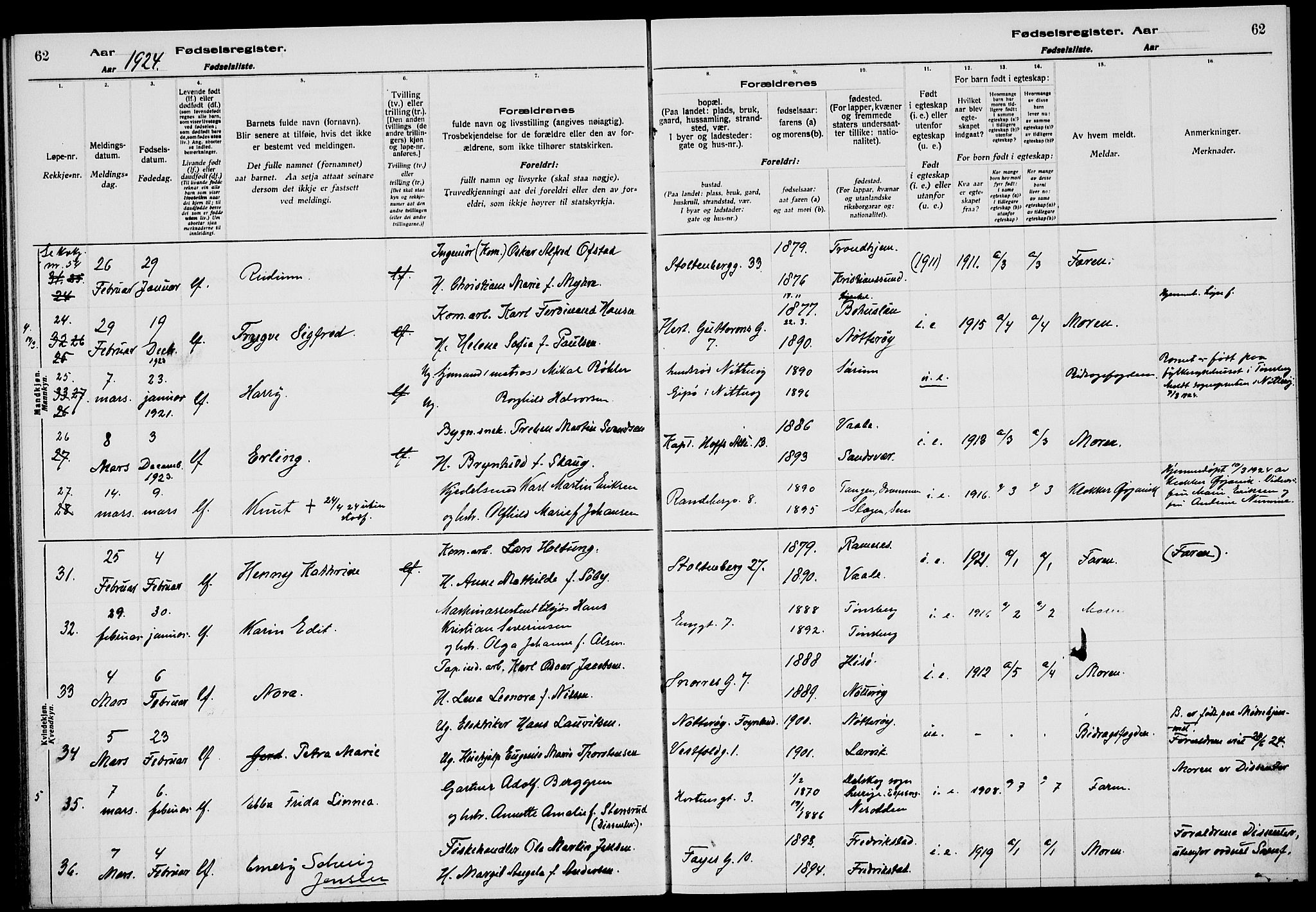 Tønsberg kirkebøker, AV/SAKO-A-330/J/Ja/L0002: Birth register no. 2, 1922-1928, p. 62