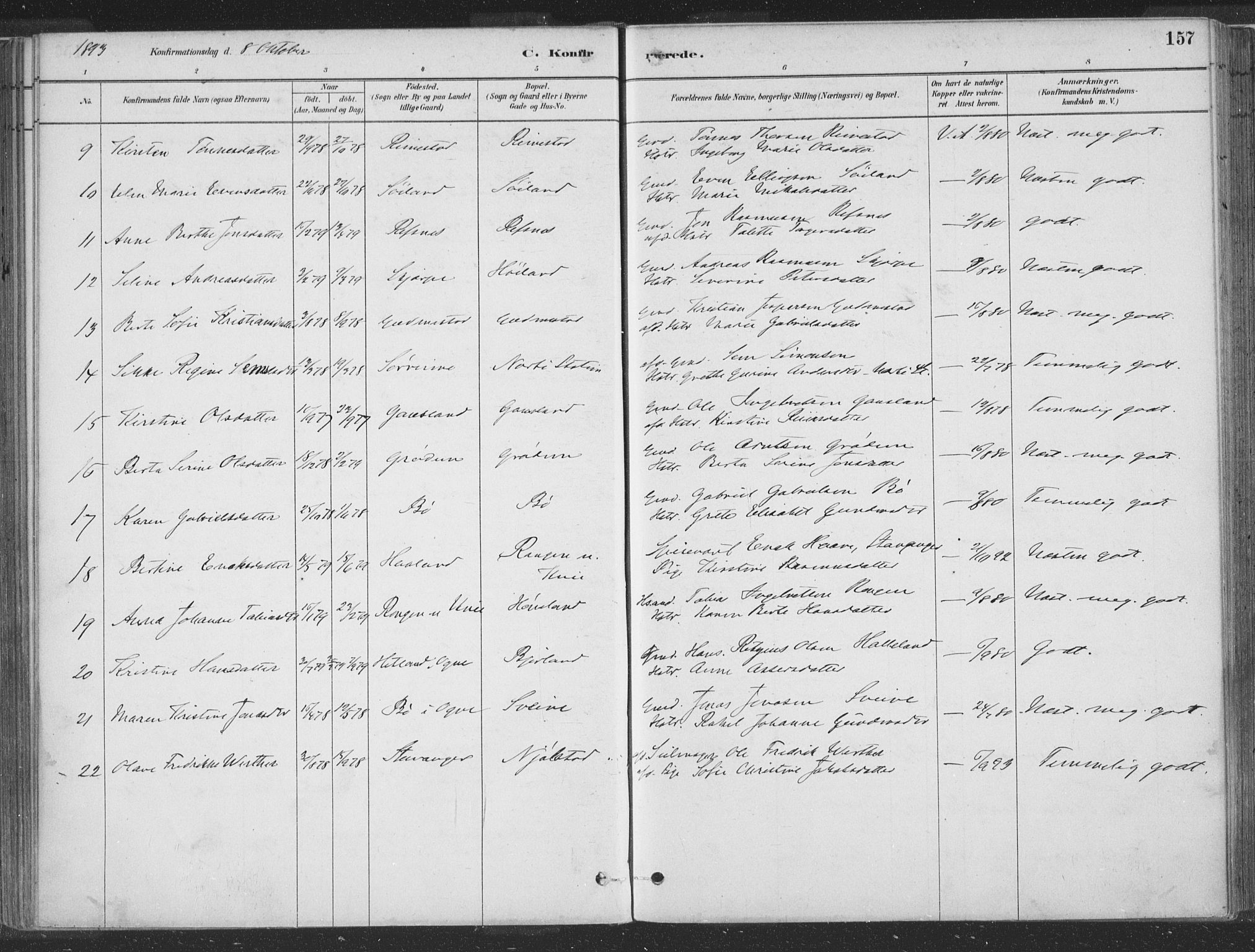 Hå sokneprestkontor, SAST/A-101801/001/30BA/L0010: Parish register (official) no. A 9, 1879-1896, p. 157