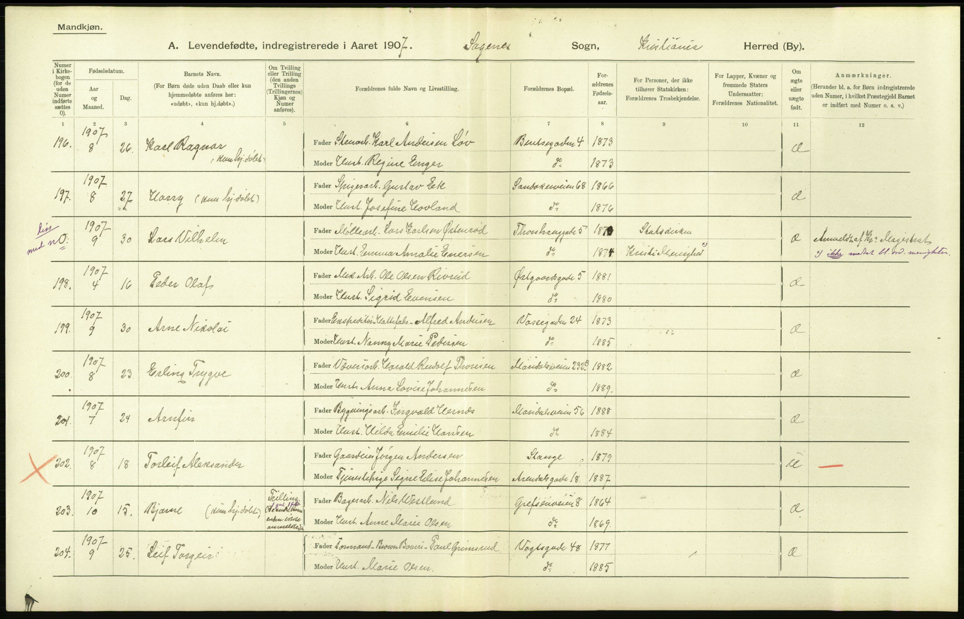 Statistisk sentralbyrå, Sosiodemografiske emner, Befolkning, AV/RA-S-2228/D/Df/Dfa/Dfae/L0006: Kristiania: Levendefødte menn og kvinner., 1907, p. 692