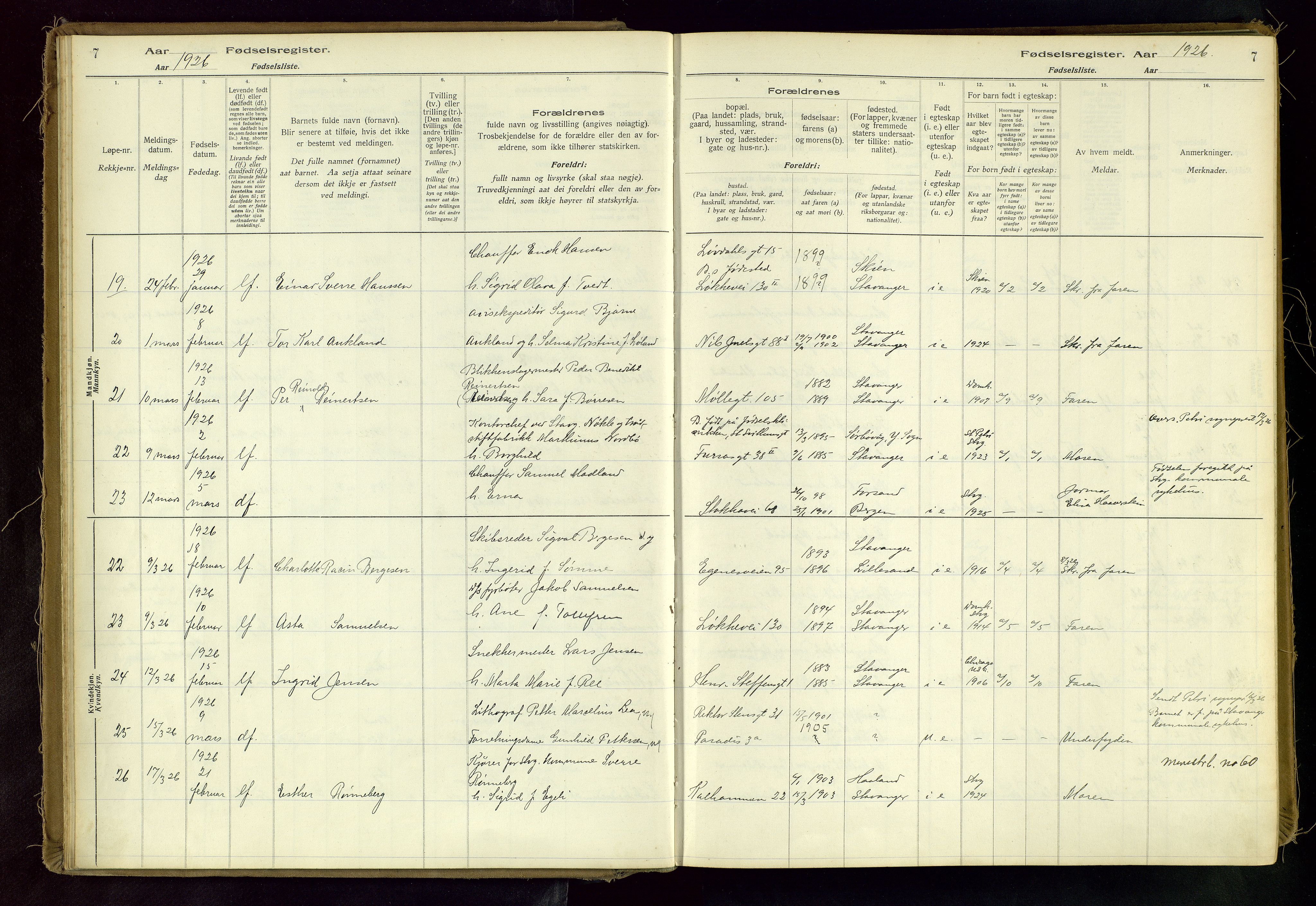 Domkirken sokneprestkontor, AV/SAST-A-101812/002/A/L0001: Birth register no. 1, 1925-1932, p. 7