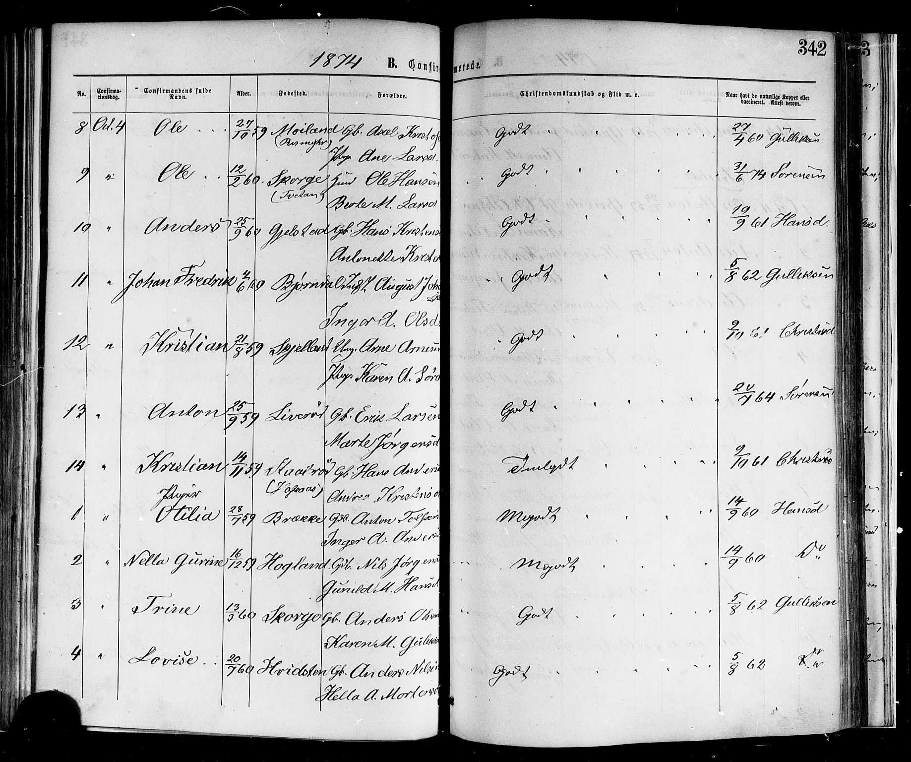 Andebu kirkebøker, AV/SAKO-A-336/F/Fa/L0006: Parish register (official) no. 6, 1871-1878, p. 342