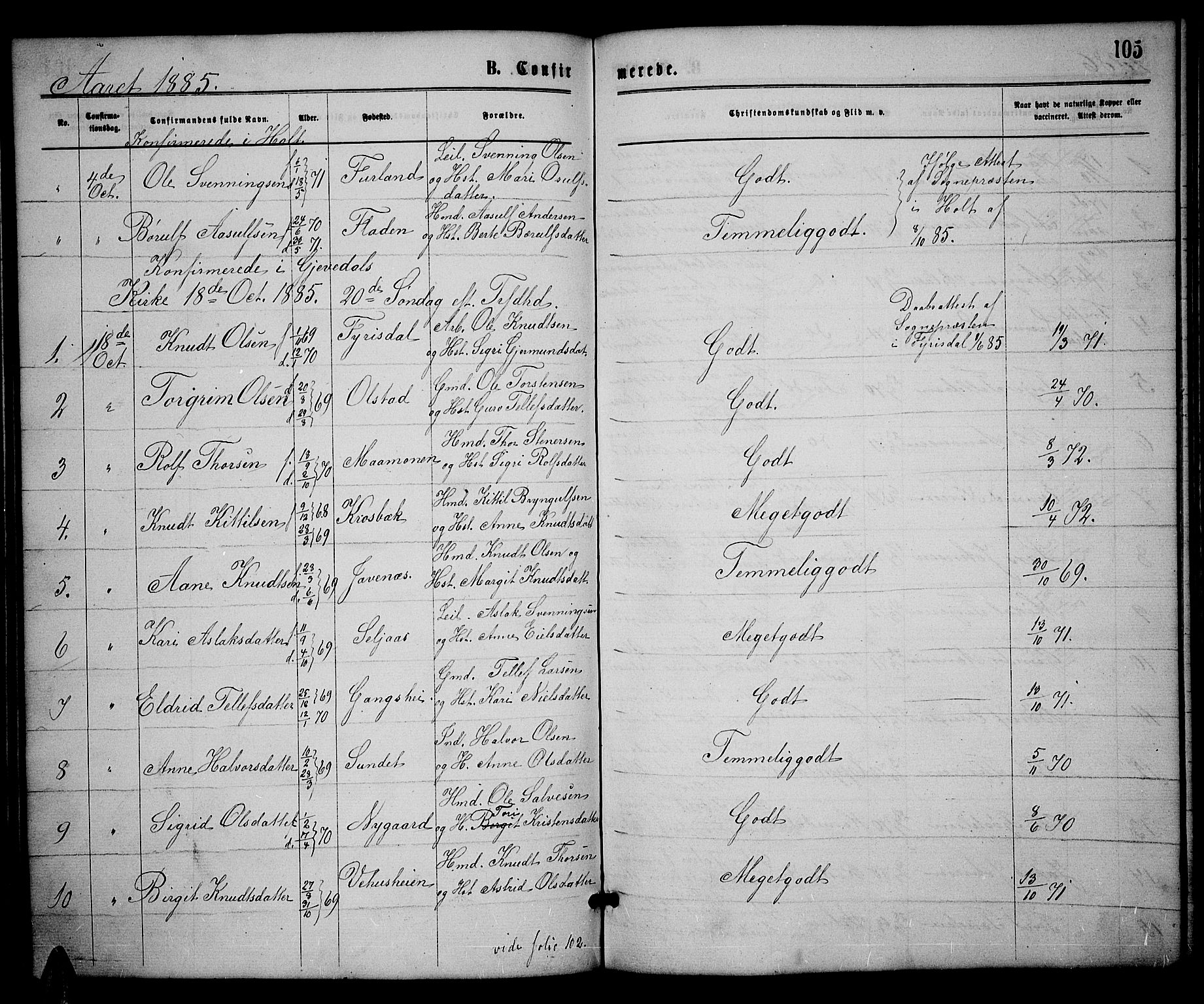 Åmli sokneprestkontor, SAK/1111-0050/F/Fb/Fbc/L0003: Parish register (copy) no. B 3, 1868-1888, p. 105