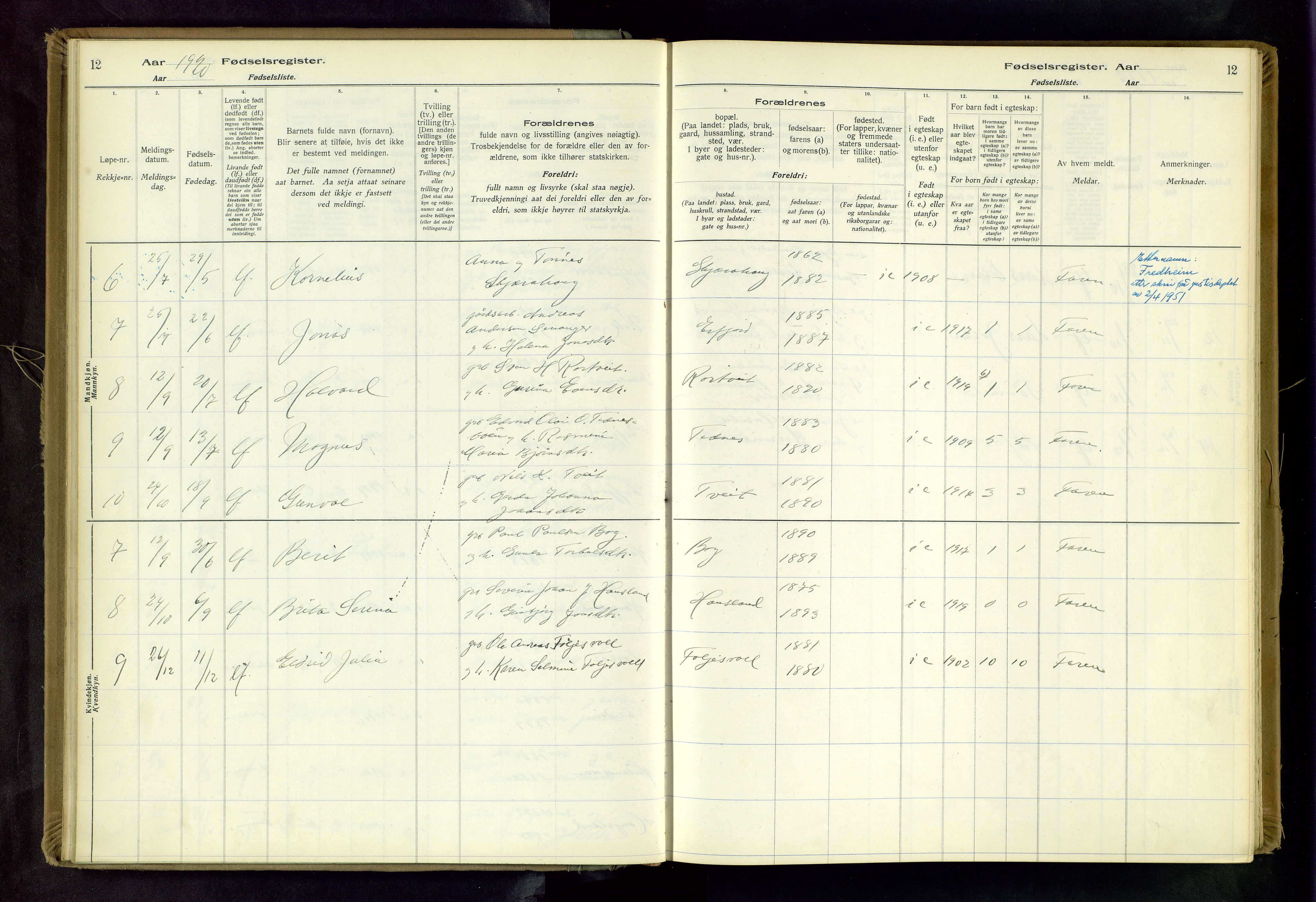 Jelsa sokneprestkontor, AV/SAST-A-101842/02/I: Birth register no. 14, 1916-1982, p. 12