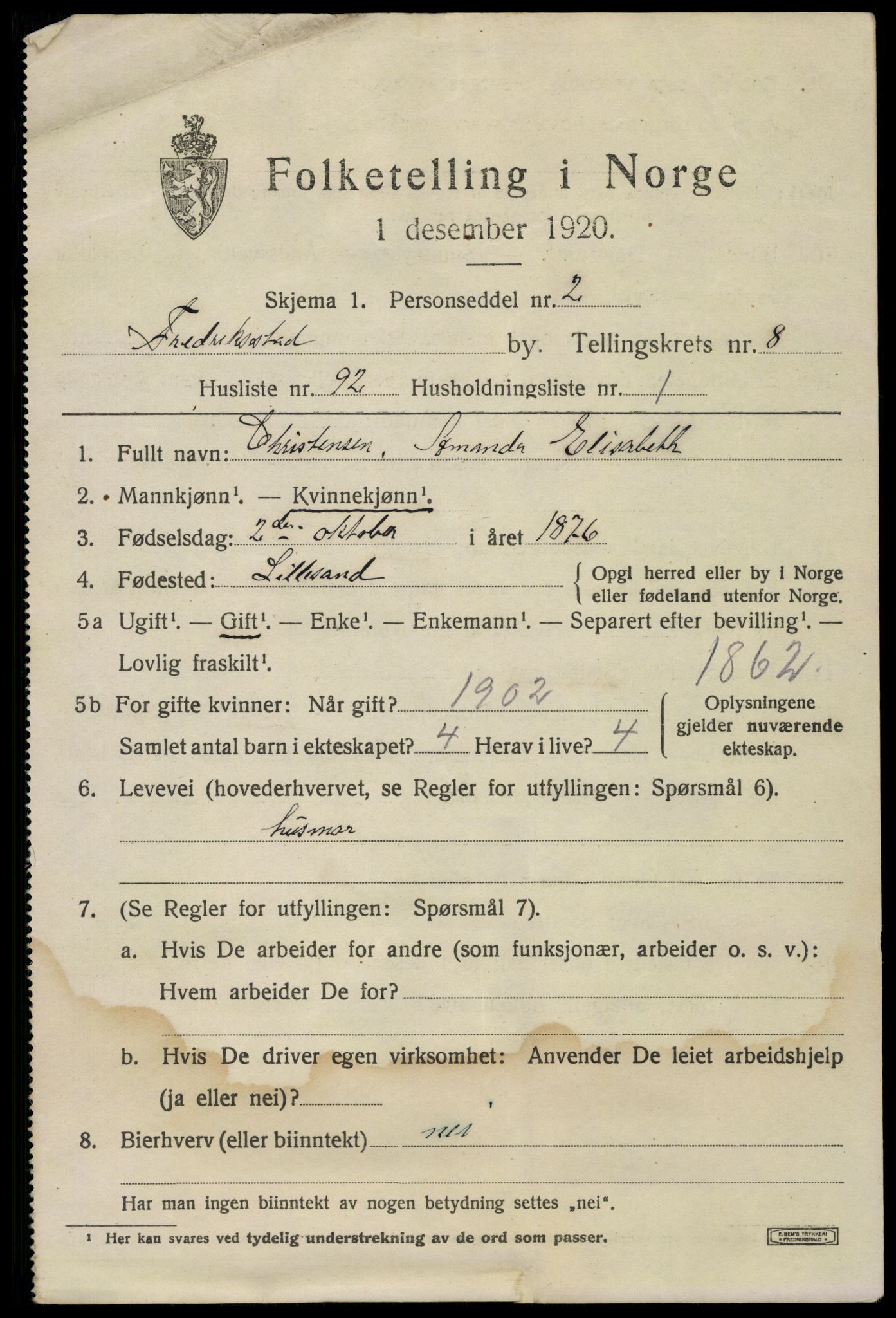 SAO, 1920 census for Fredrikstad, 1920, p. 25051