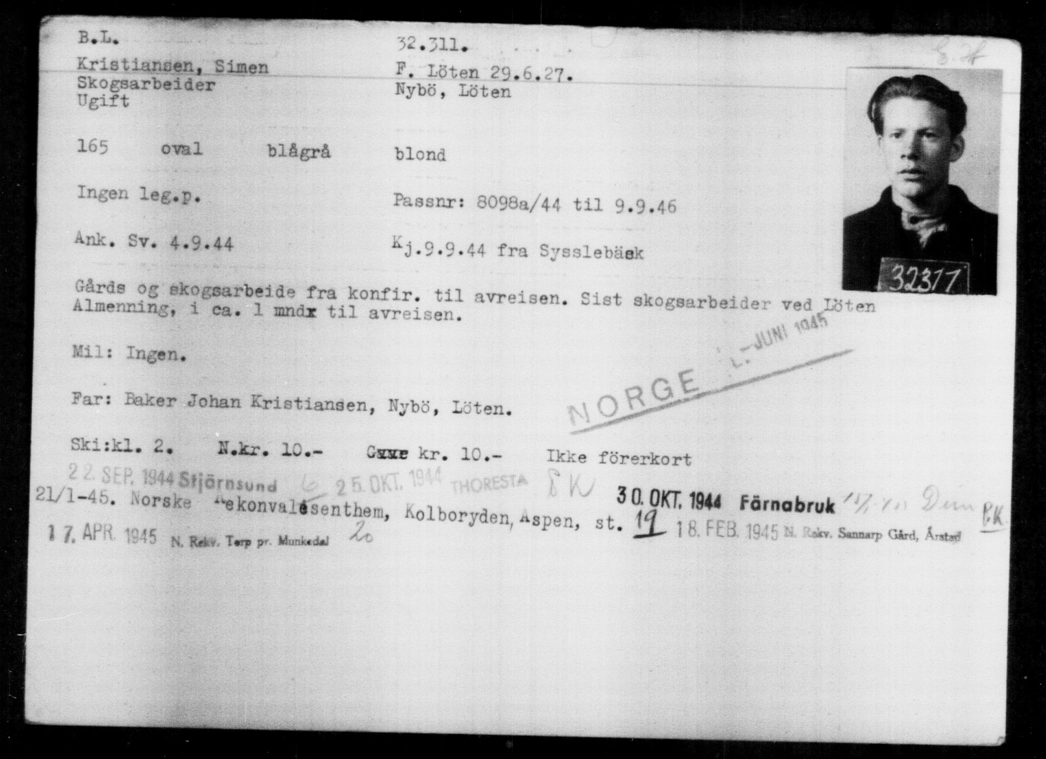 Utenriksstasjonene, Legasjonen i Stockholm, Flyktningkontoret, AV/RA-S-6753/V/Va/L0013: Kjesäterkartoteket, flyktninger med registreringsnr. 31500-34731, 1940-1945, p. 860
