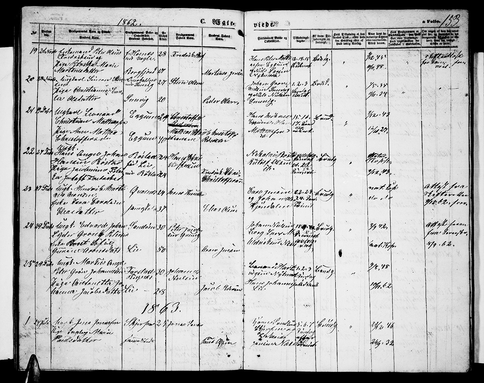 Ministerialprotokoller, klokkerbøker og fødselsregistre - Nordland, SAT/A-1459/880/L1140: Parish register (copy) no. 880C02, 1861-1875, p. 153