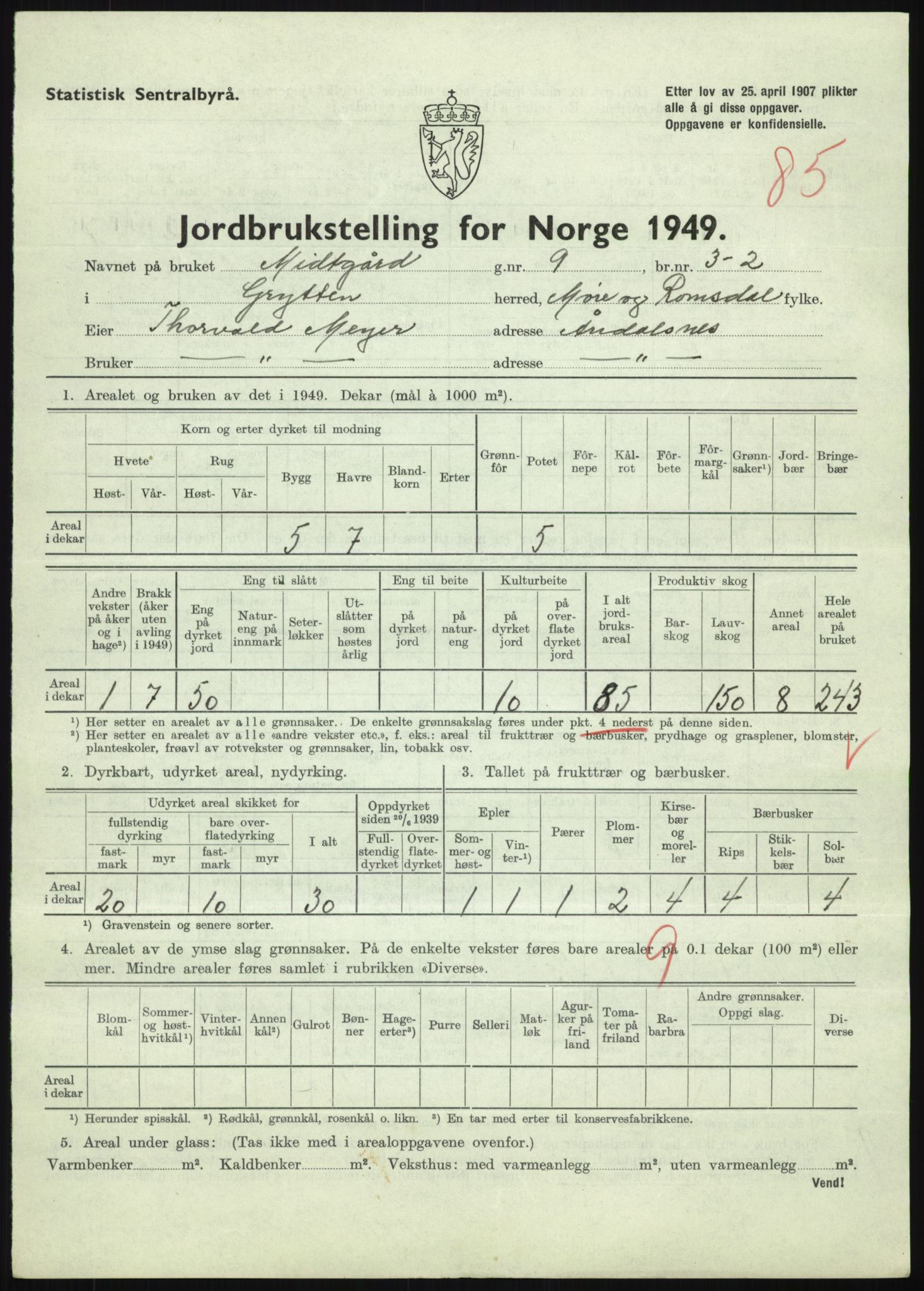 Statistisk sentralbyrå, Næringsøkonomiske emner, Jordbruk, skogbruk, jakt, fiske og fangst, AV/RA-S-2234/G/Gc/L0323: Møre og Romsdal: Grytten og Hen, 1949, p. 331