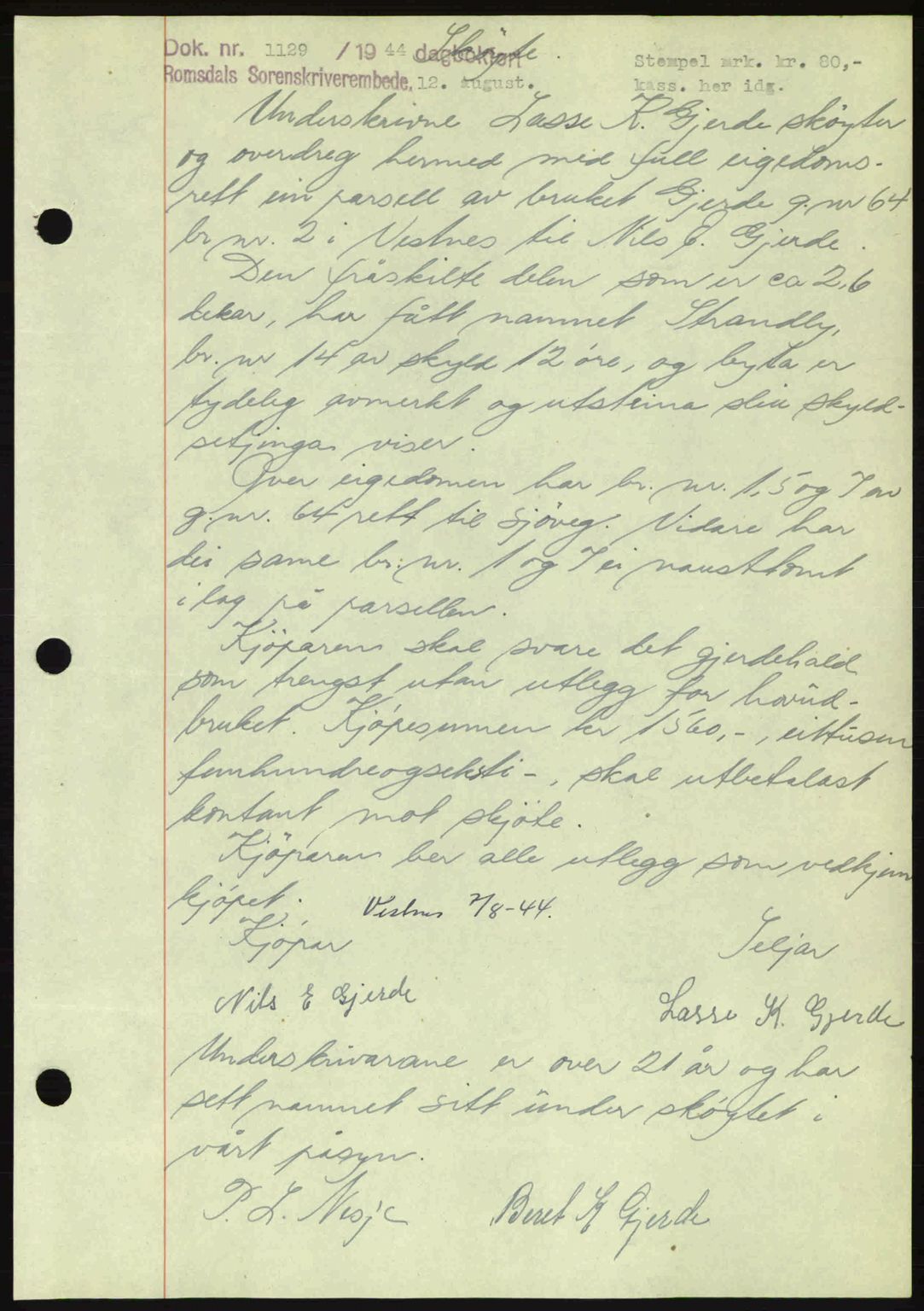 Romsdal sorenskriveri, SAT/A-4149/1/2/2C: Mortgage book no. A16, 1944-1944, Diary no: : 1129/1944