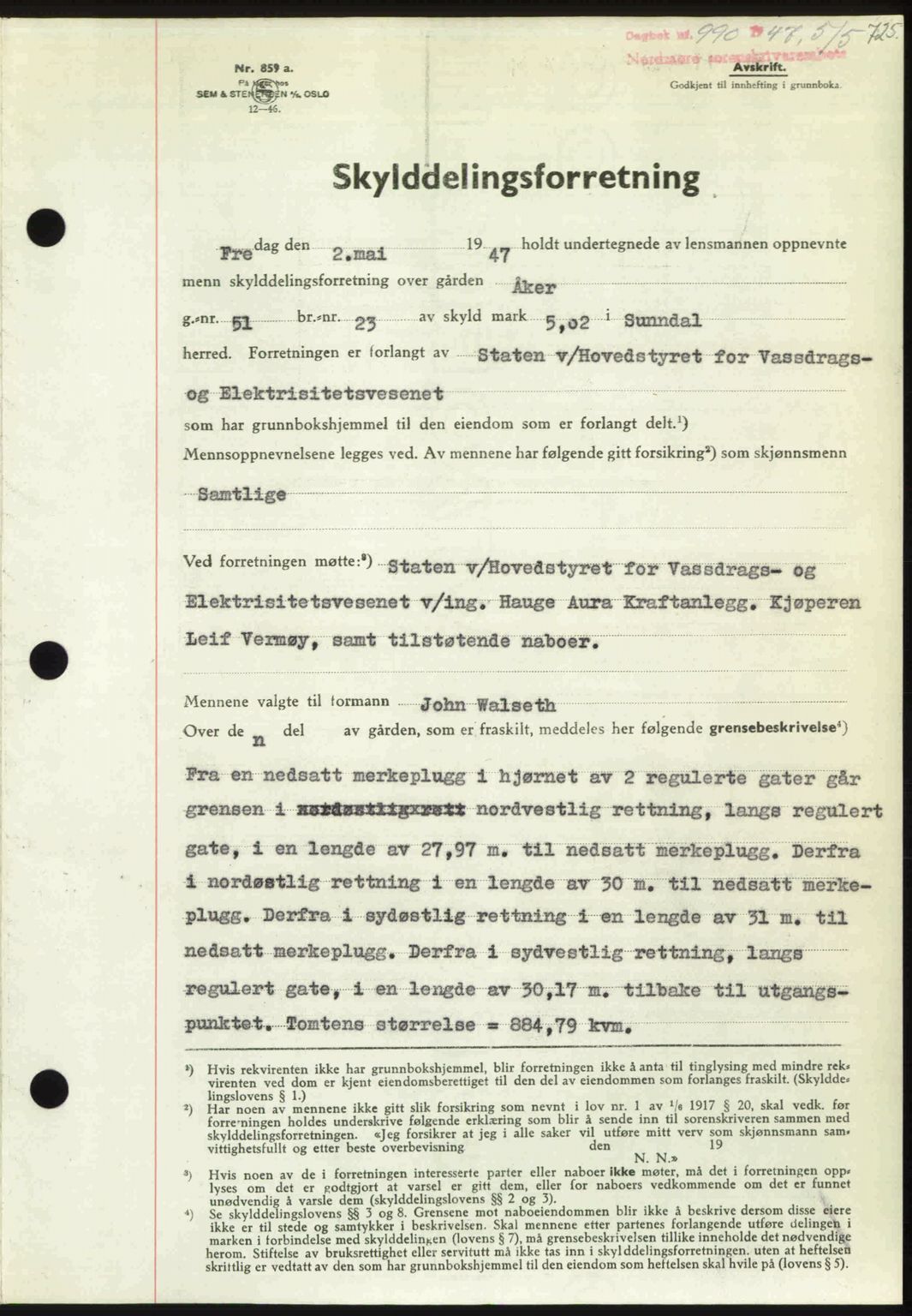 Nordmøre sorenskriveri, AV/SAT-A-4132/1/2/2Ca: Mortgage book no. A104, 1947-1947, Diary no: : 990/1947