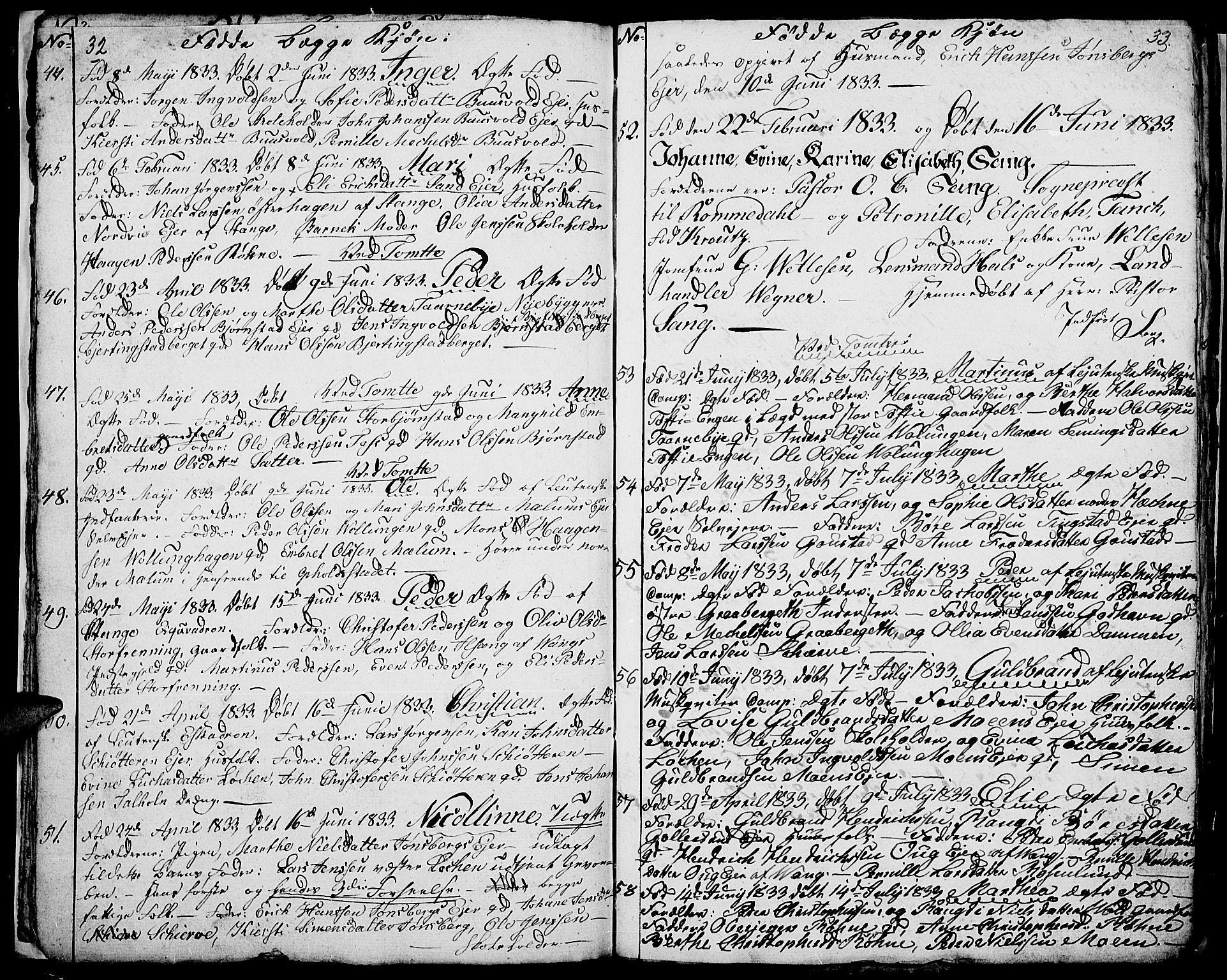 Romedal prestekontor, SAH/PREST-004/L/L0007: Parish register (copy) no. 7, 1831-1837, p. 32-33