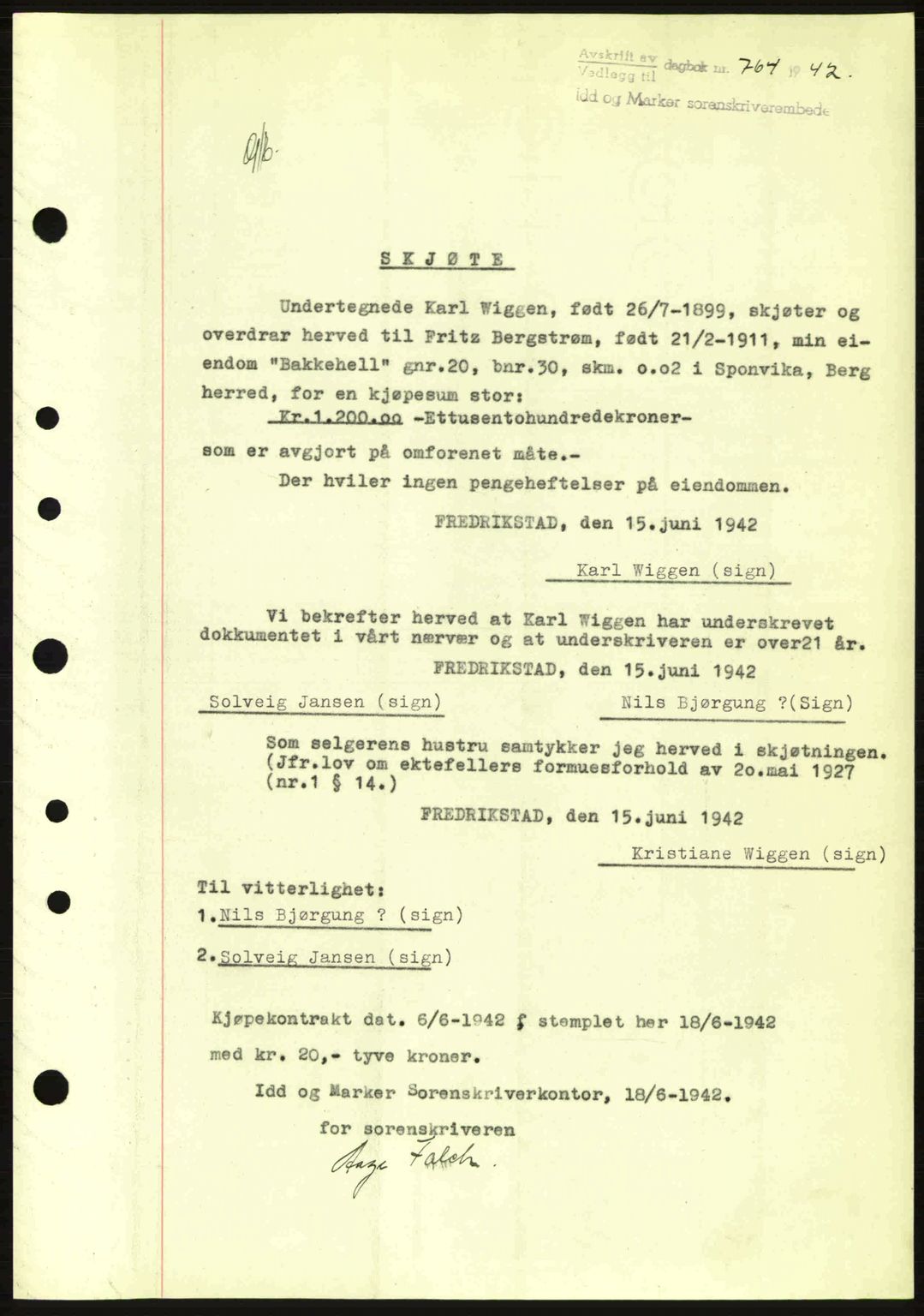 Idd og Marker sorenskriveri, AV/SAO-A-10283/G/Gb/Gbb/L0005: Mortgage book no. A5, 1941-1943, Diary no: : 764/1942